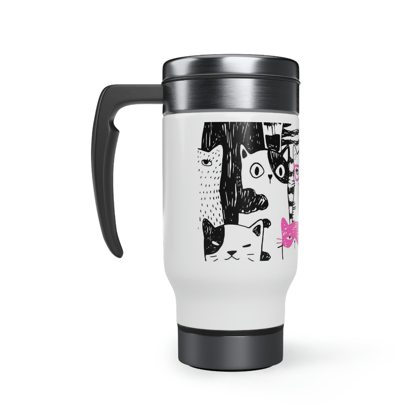 Cat Parade insulated stainless steel Travel Mug with handle featuring cartoon cats design