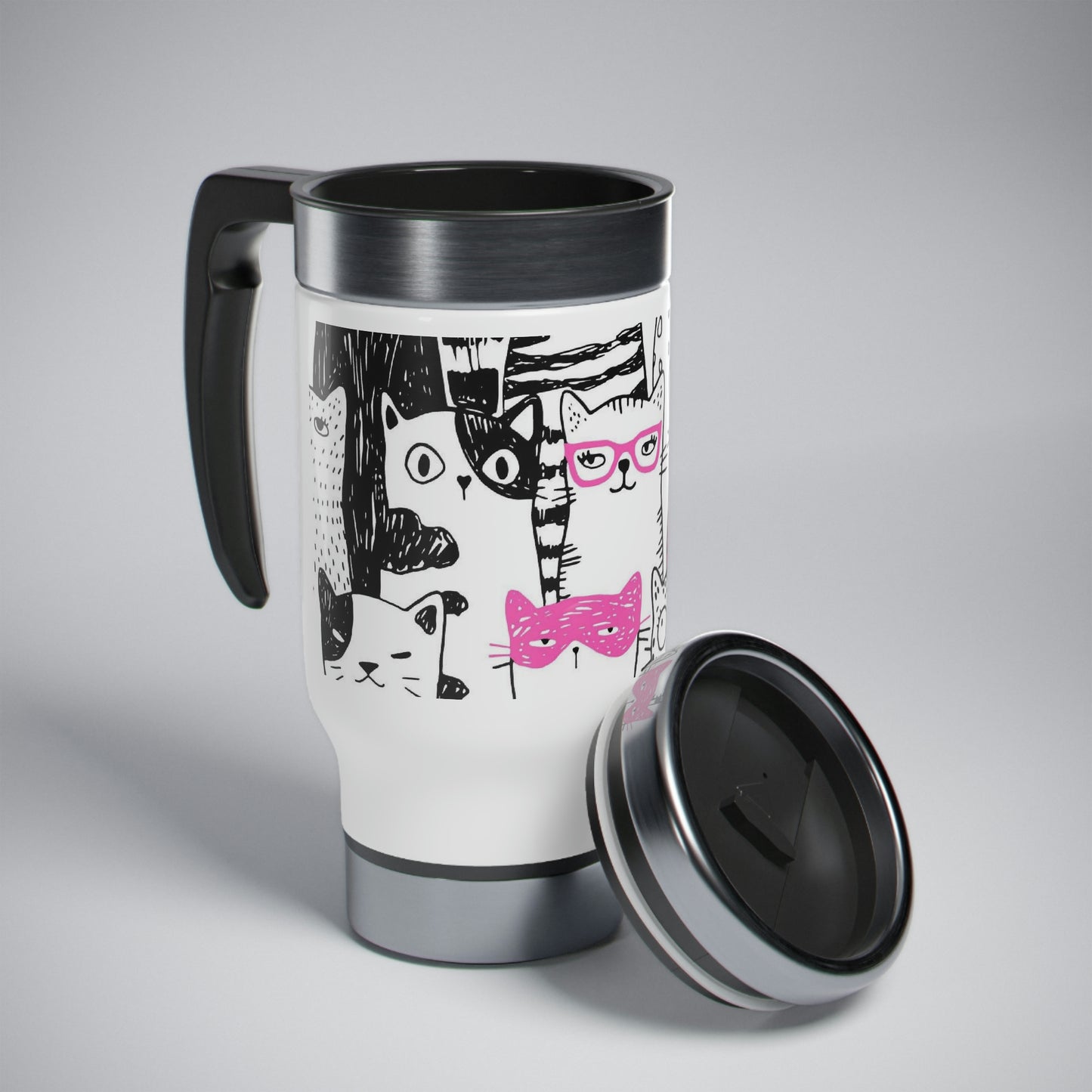 Cat Parade insulated stainless steel Travel Mug with handle featuring cartoon cats design