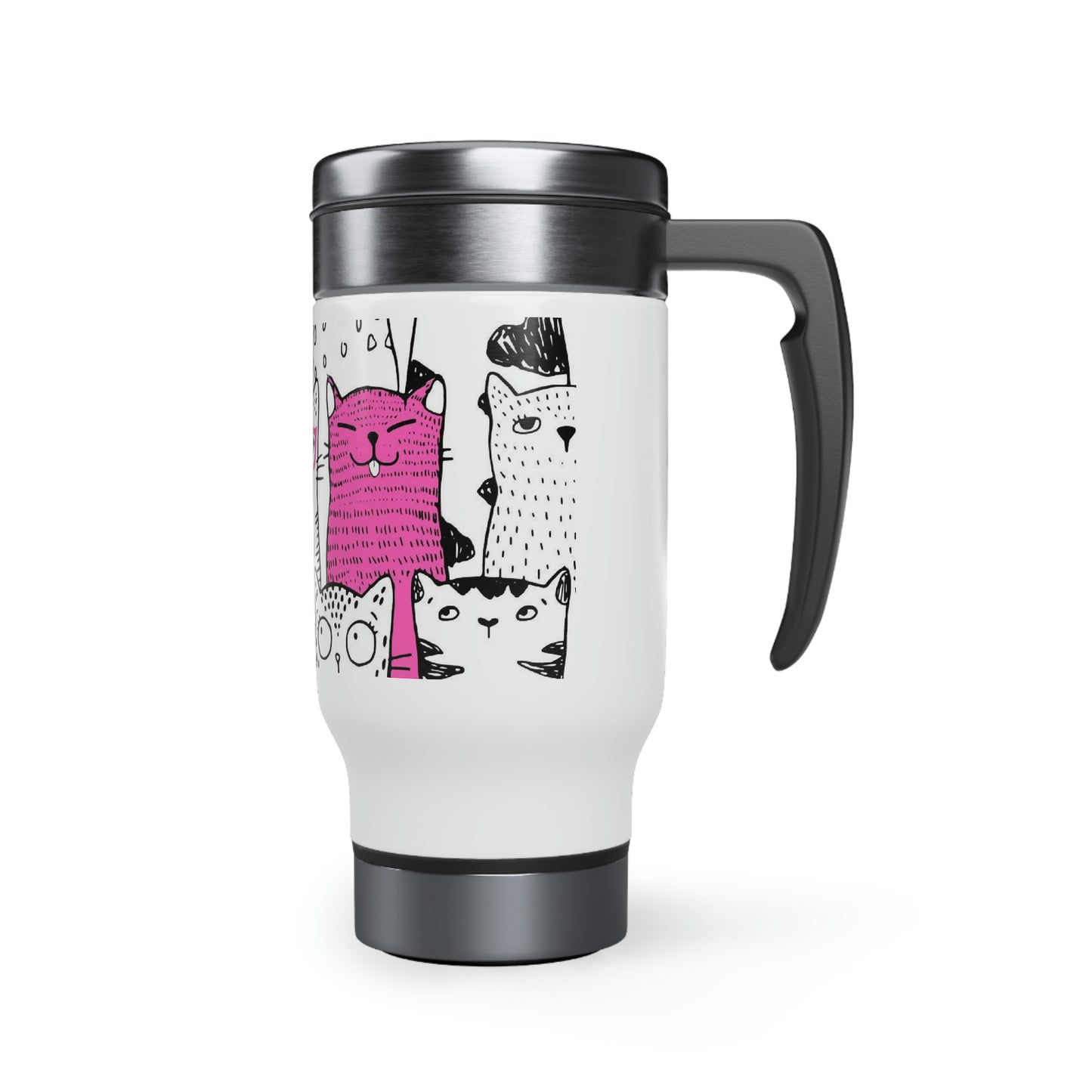Cat Parade insulated stainless steel Travel Mug with handle featuring cartoon cats design