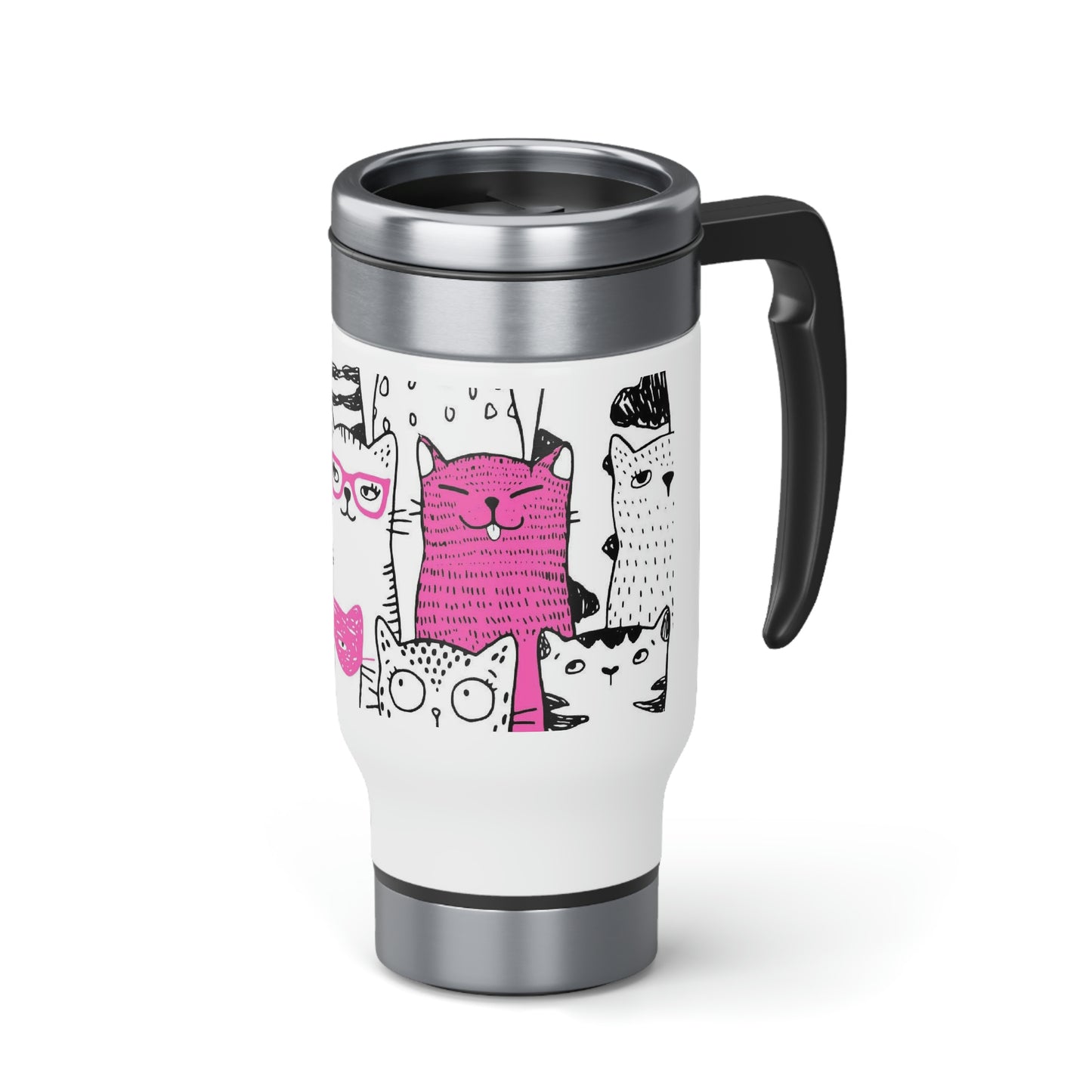 Cat Parade insulated stainless steel Travel Mug with handle featuring cartoon cats design