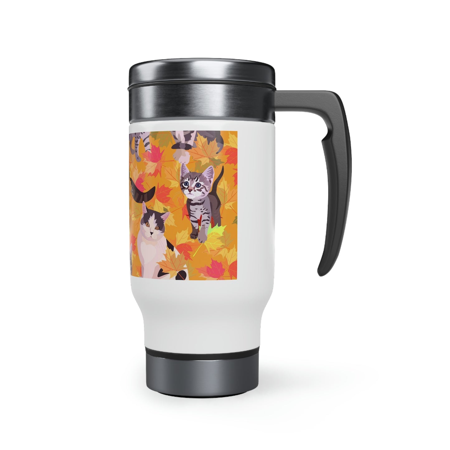 Cats & Fall Themed Fall Leaves Travel Mug 14oz With Black Handle Insulating Plastic Thermos Interior