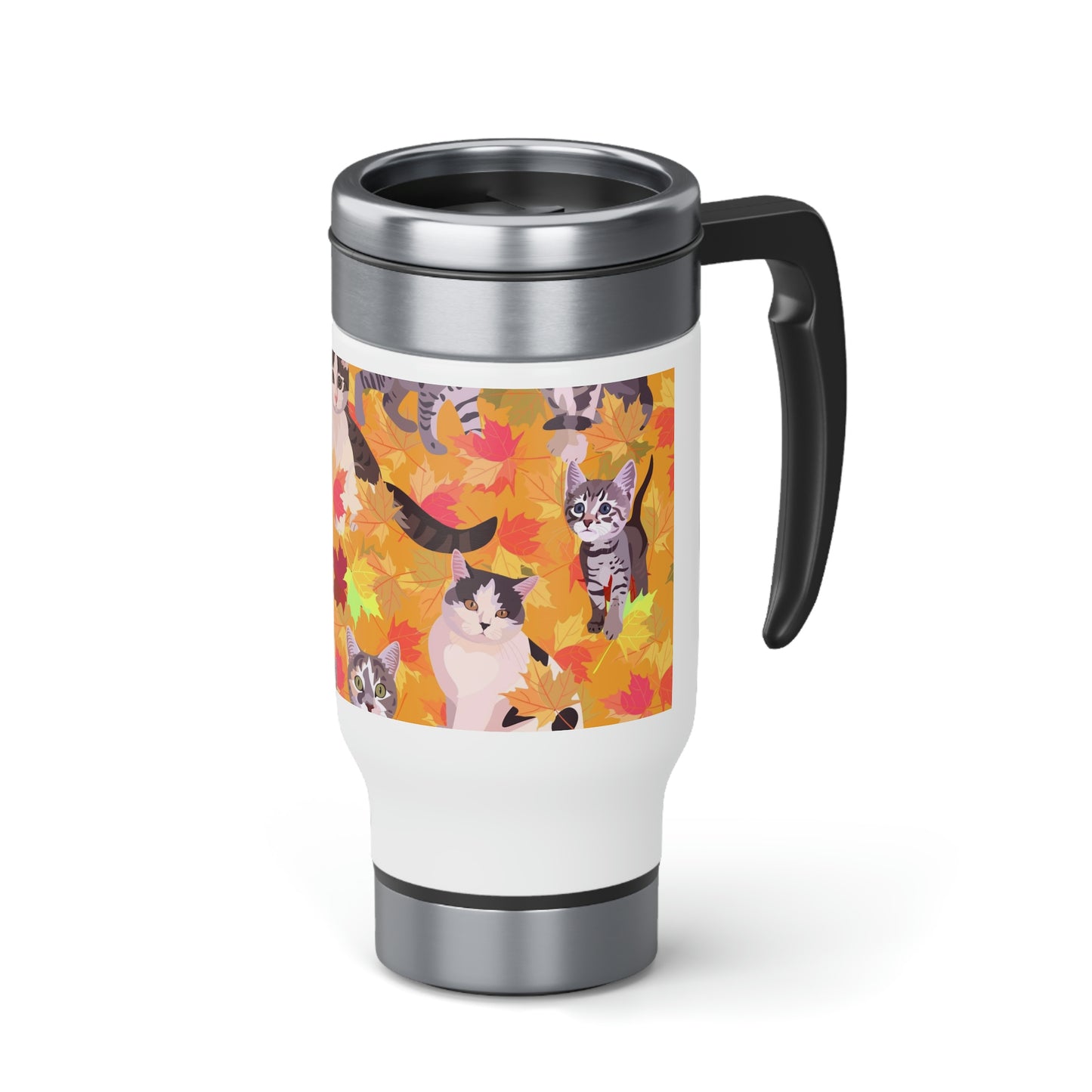 Cats & Fall Themed Fall Leaves Travel Mug 14oz With Black Handle Insulating Plastic Thermos Interior