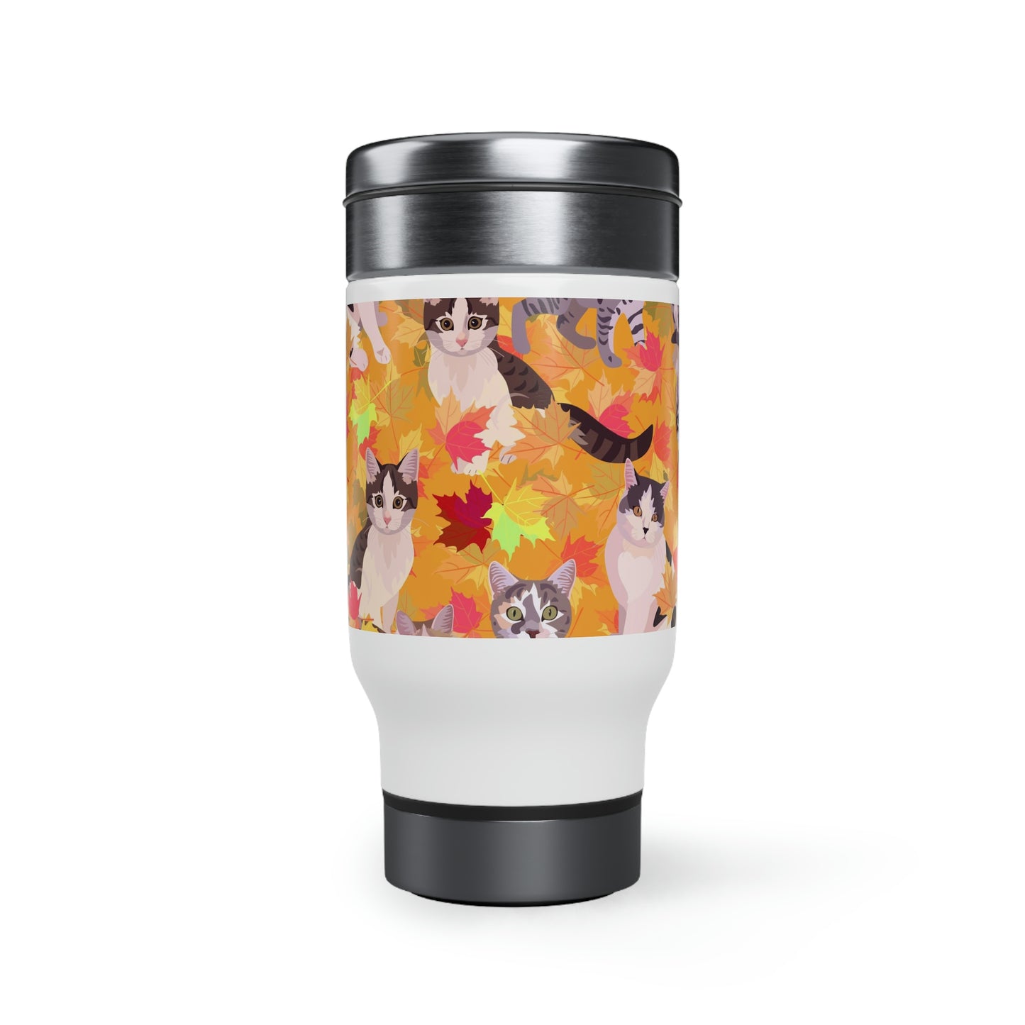 Cats & Fall Themed Fall Leaves Travel Mug 14oz With Black Handle Insulating Plastic Thermos Interior