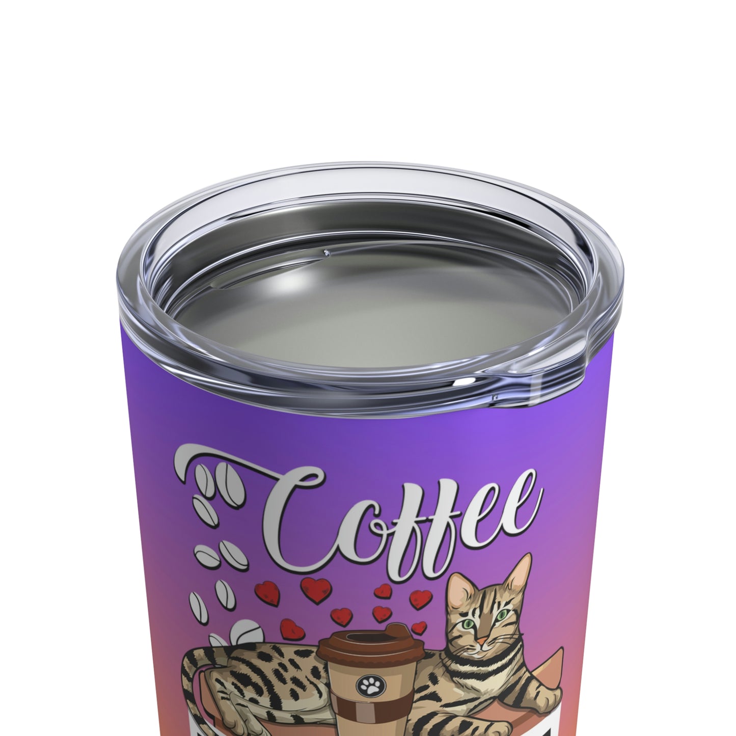 Coffee Beans & Love Hearts Bengal Cat Themed 10oz Travel Tumbler Purple