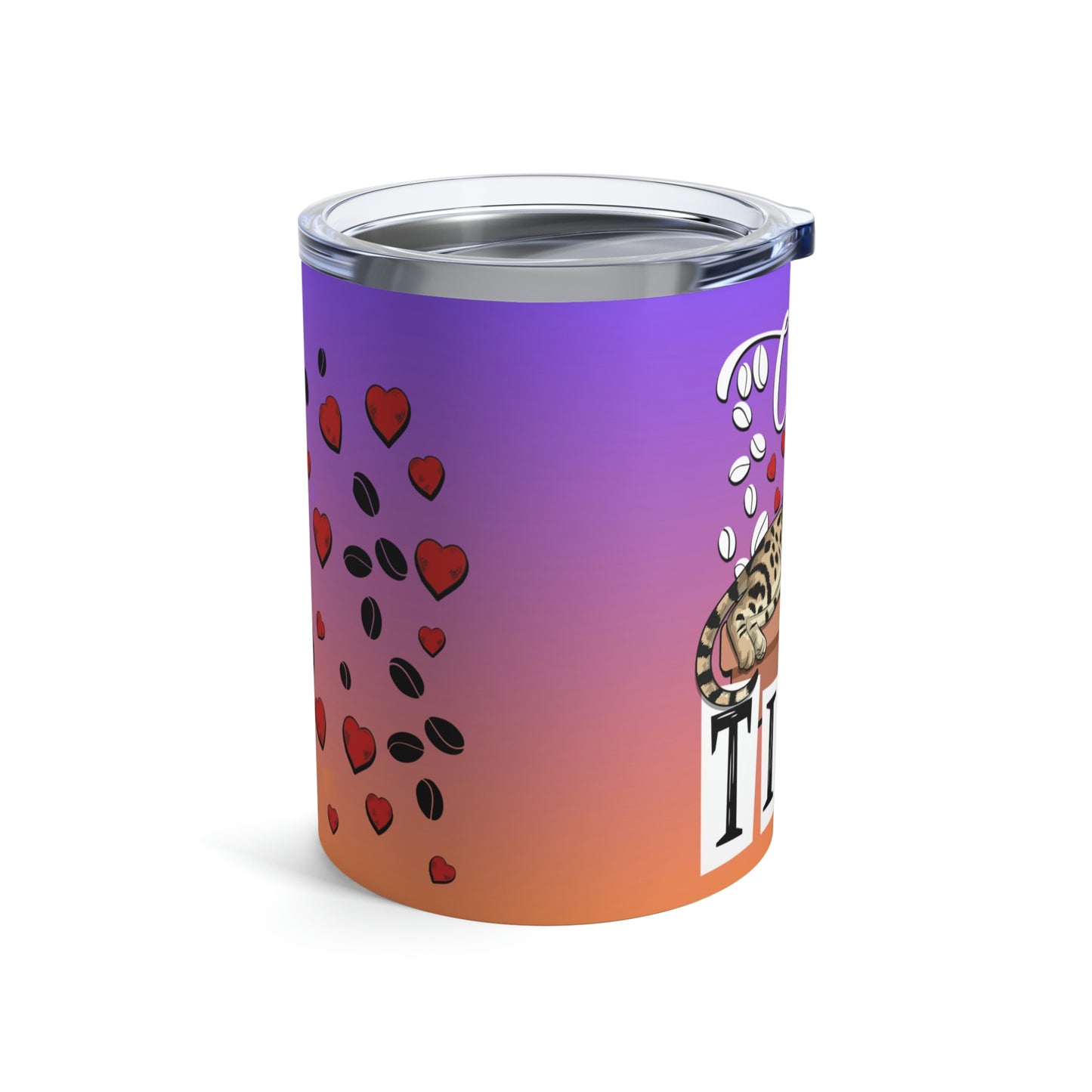 Coffee Beans & Love Hearts Bengal Cat Themed 10oz Travel Tumbler Purple