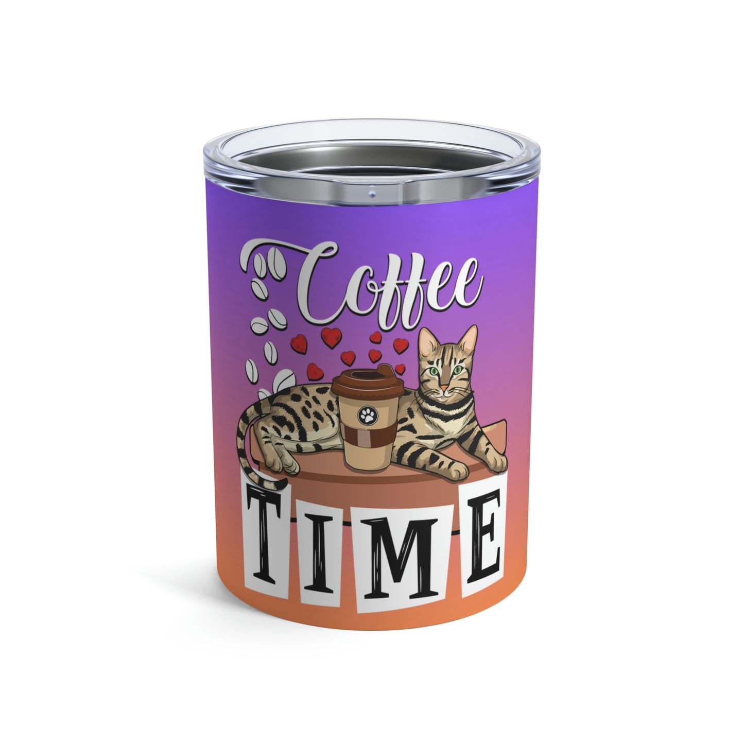 Coffee Beans & Love Hearts Bengal Cat Themed 10oz Travel Tumbler Purple