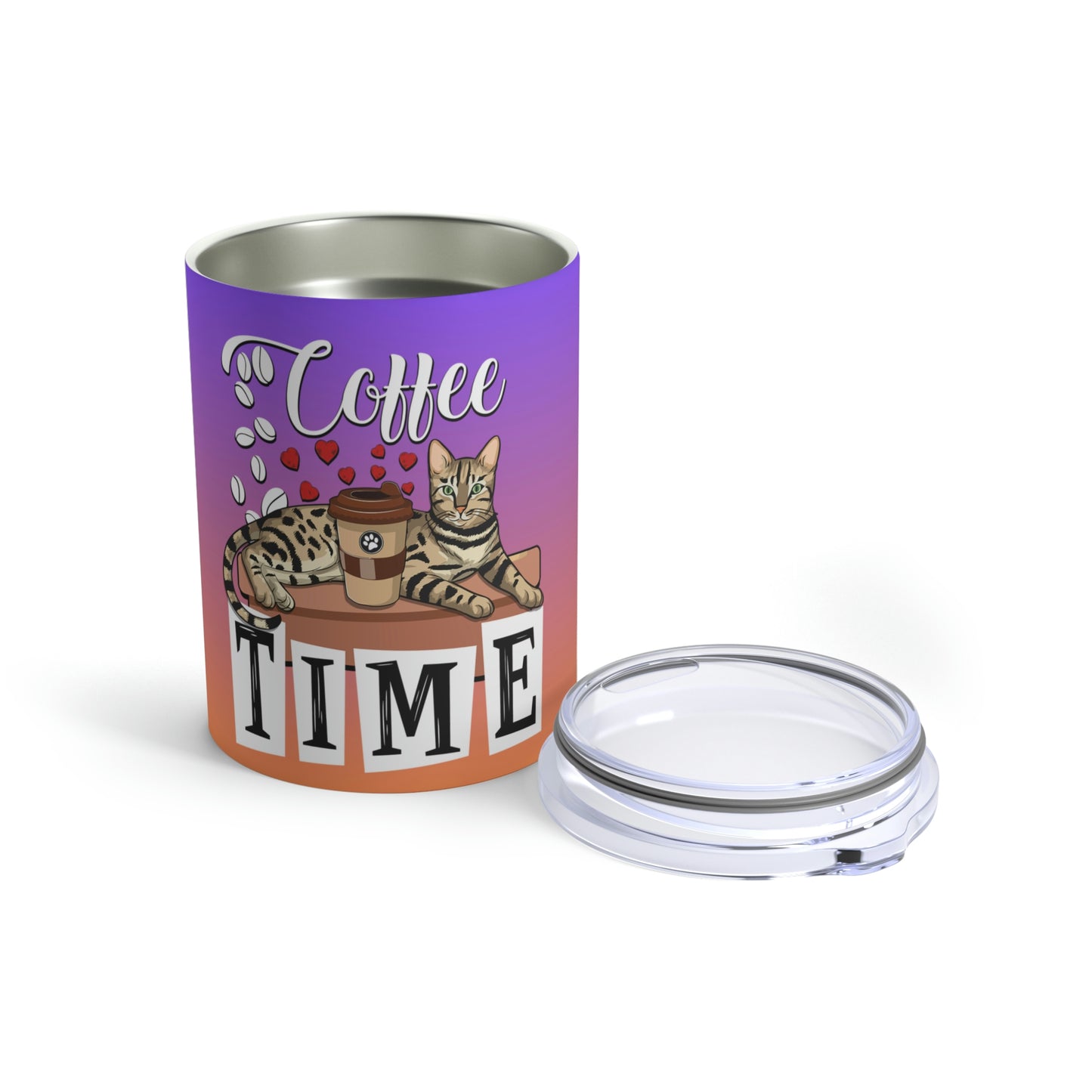 Coffee Beans & Love Hearts Bengal Cat Themed 10oz Travel Tumbler Purple