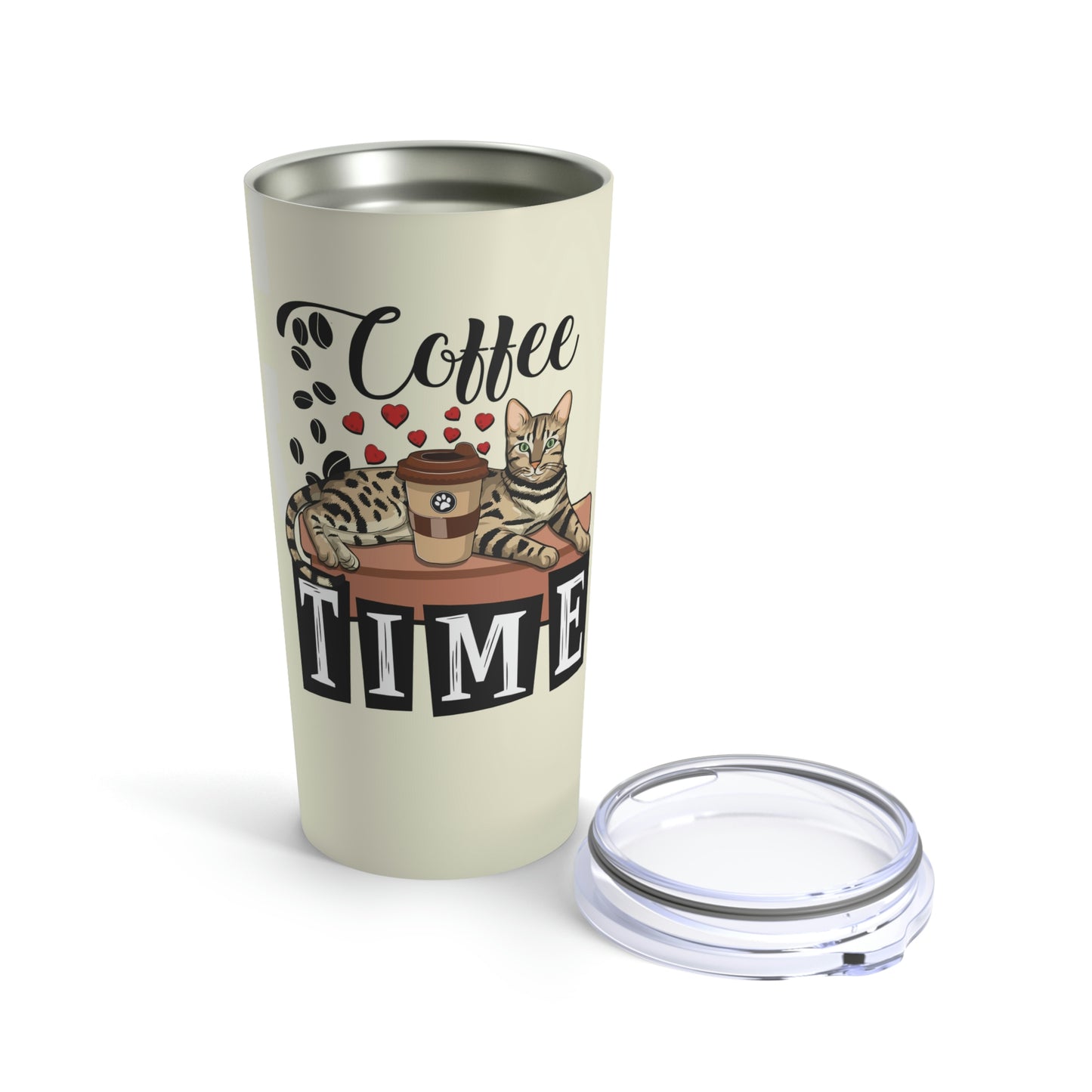 Coffee Beans & Love Hearts Cream Tumbler 20oz, Bengal Cat & Coffee Theme, and the text 'COFFEE TIME'.