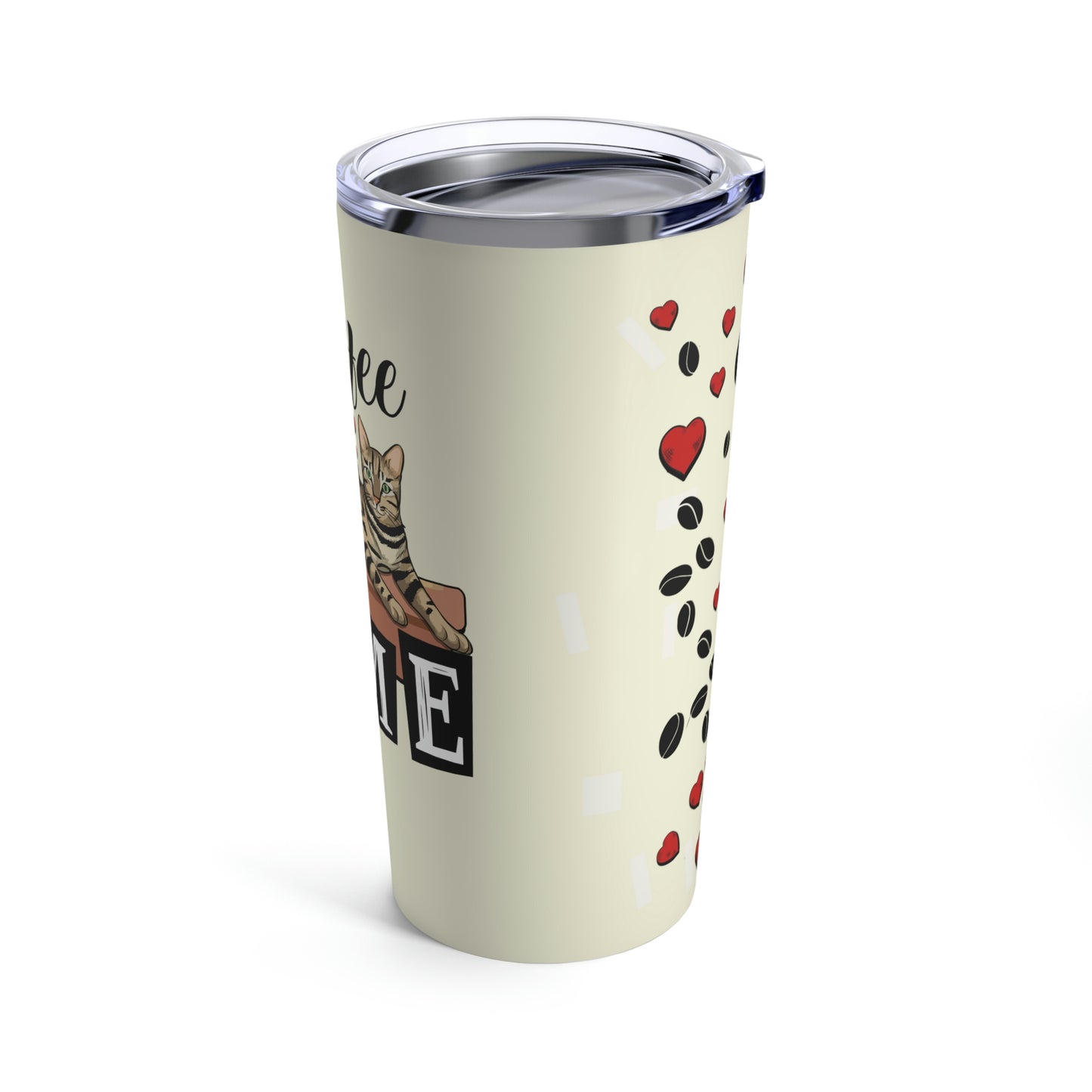 Coffee Beans & Love Hearts Cream Tumbler 20oz, Bengal Cat & Coffee Theme, and the text 'COFFEE TIME'.