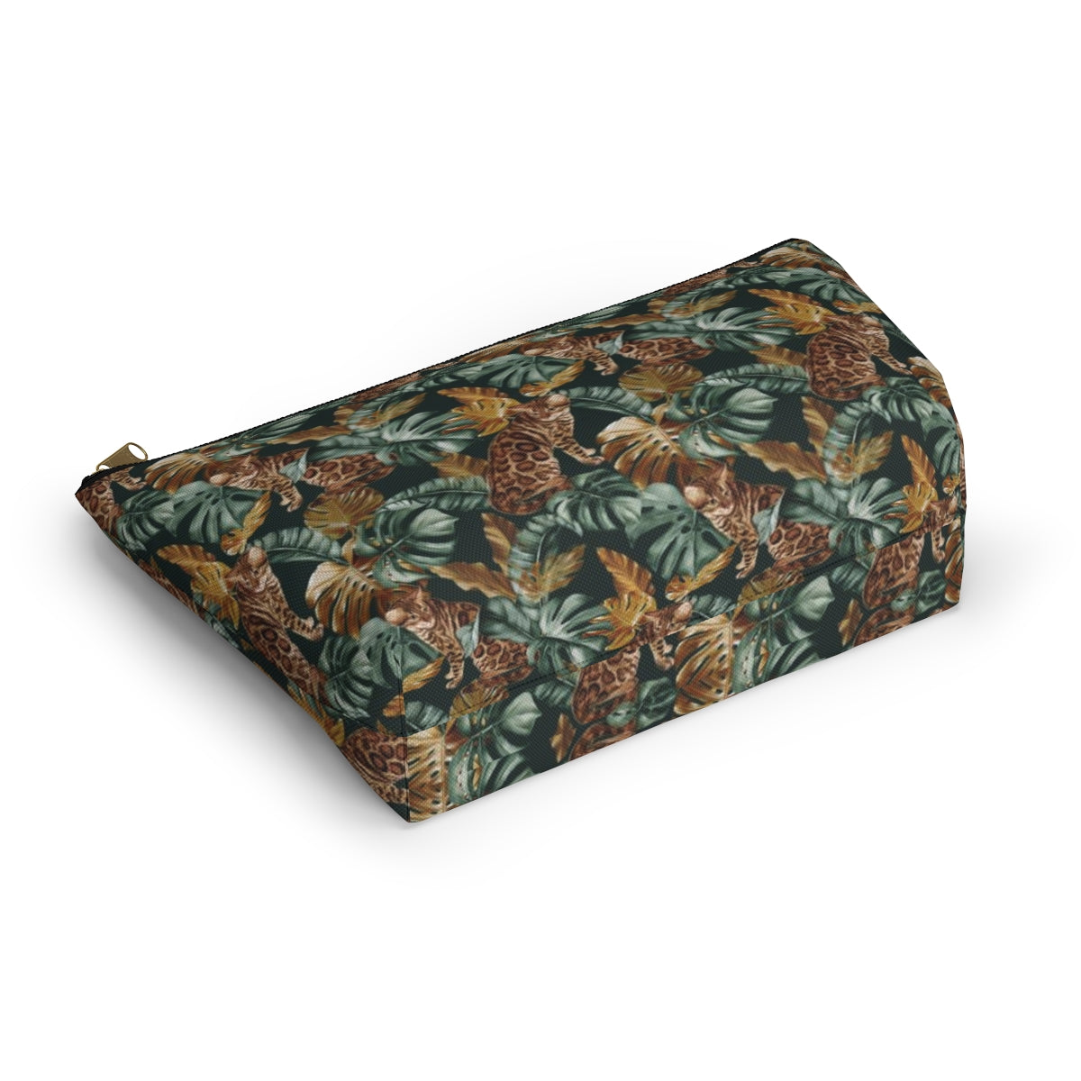 Cosmetic, makeup, toiletries, travel essentials accessory bag with zipper featuring a Bengal cat print against green leafy background. For Bengal cat lovers.
