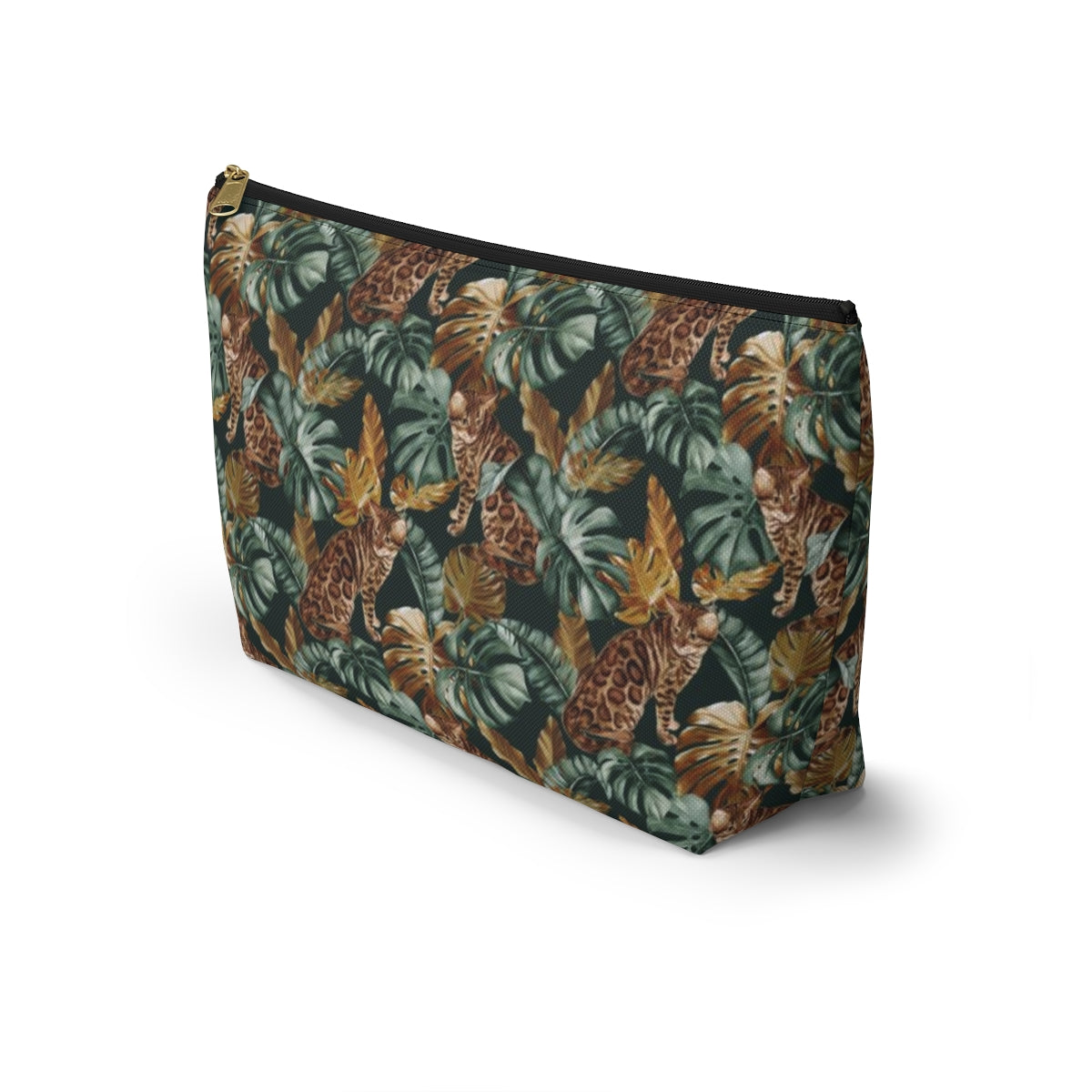 Cosmetic, makeup, toiletries, travel essentials accessory bag with zipper featuring a Bengal cat print against green leafy background. For Bengal cat lovers.