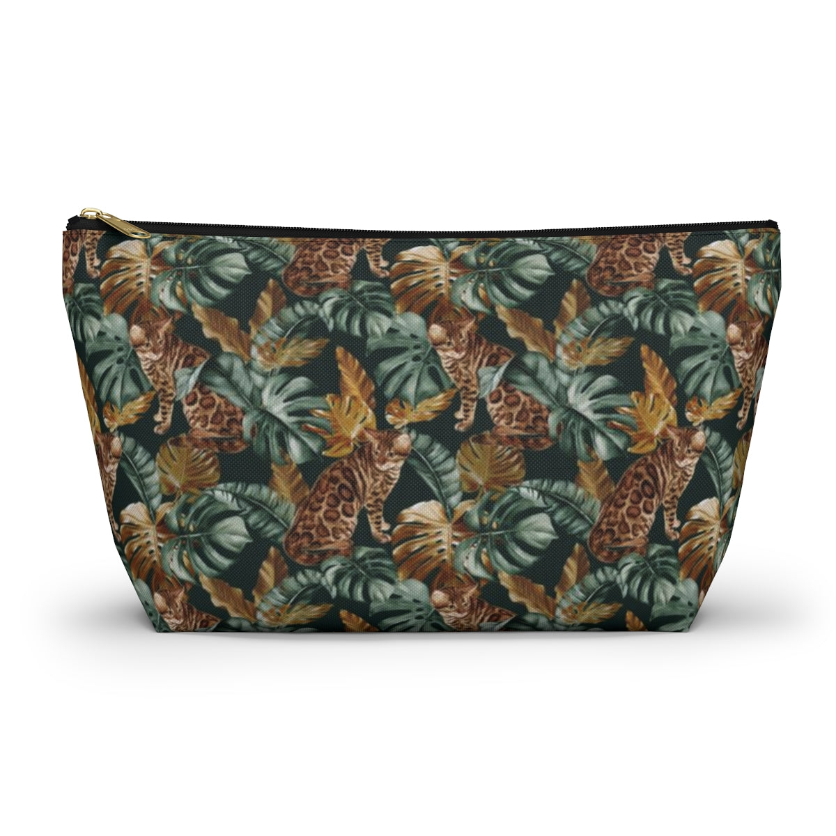 Cosmetic, makeup, toiletries, travel essentials accessory bag with zipper featuring a Bengal cat print against green leafy background. For Bengal cat lovers.