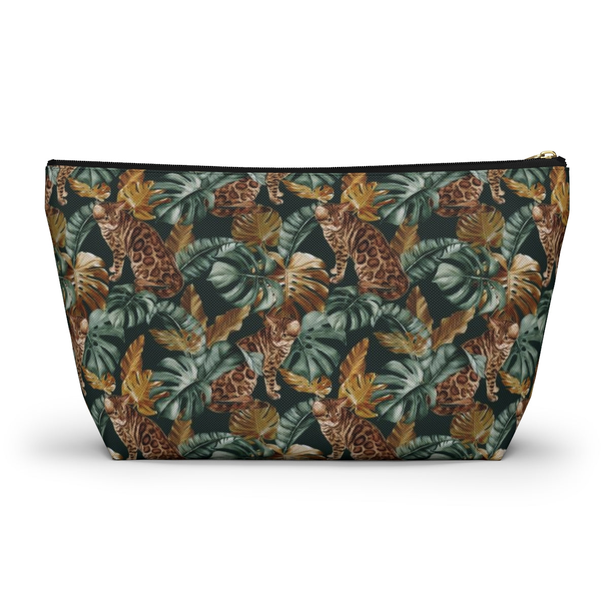 Cosmetic, makeup, toiletries, travel essentials accessory bag with zipper featuring a Bengal cat print against green leafy background. For Bengal cat lovers.
