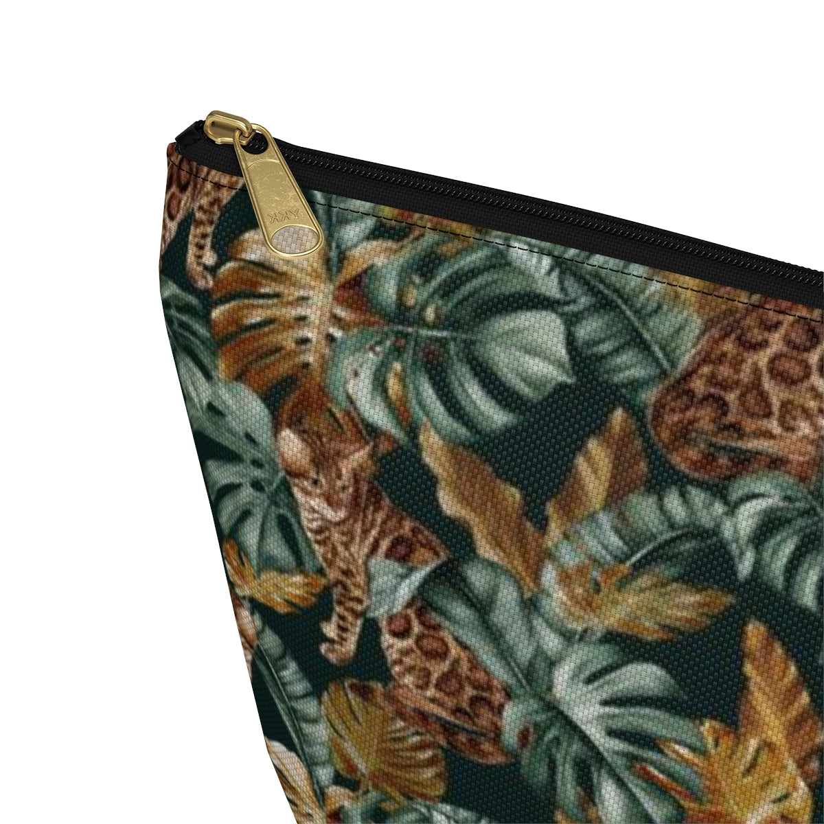 Cosmetic, makeup, toiletries, travel essentials accessory bag with zipper featuring a Bengal cat print against green leafy background. For Bengal cat lovers.
