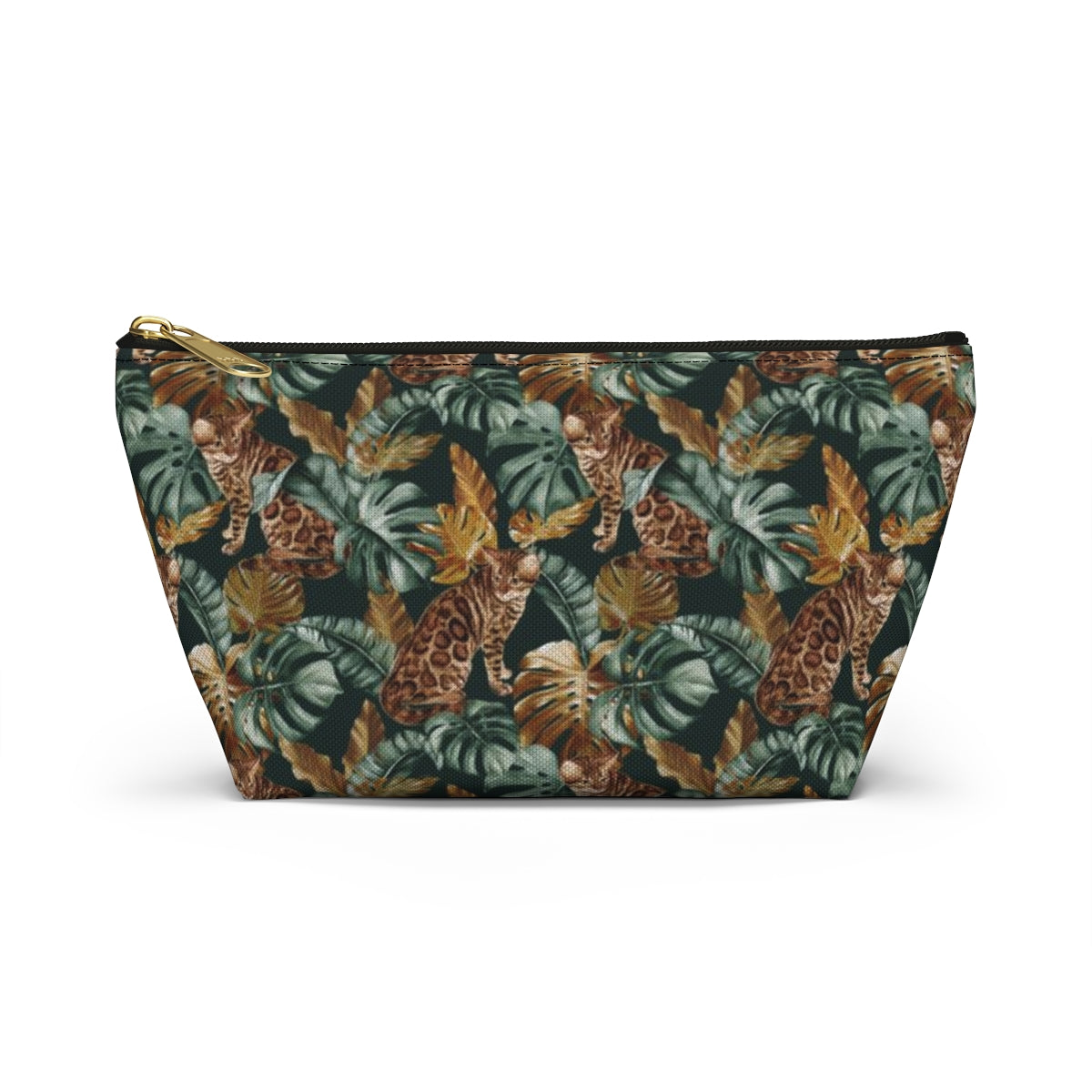 Cosmetic, makeup, toiletries, travel essentials accessory bag with zipper featuring a Bengal cat print against green leafy background. For Bengal cat lovers.