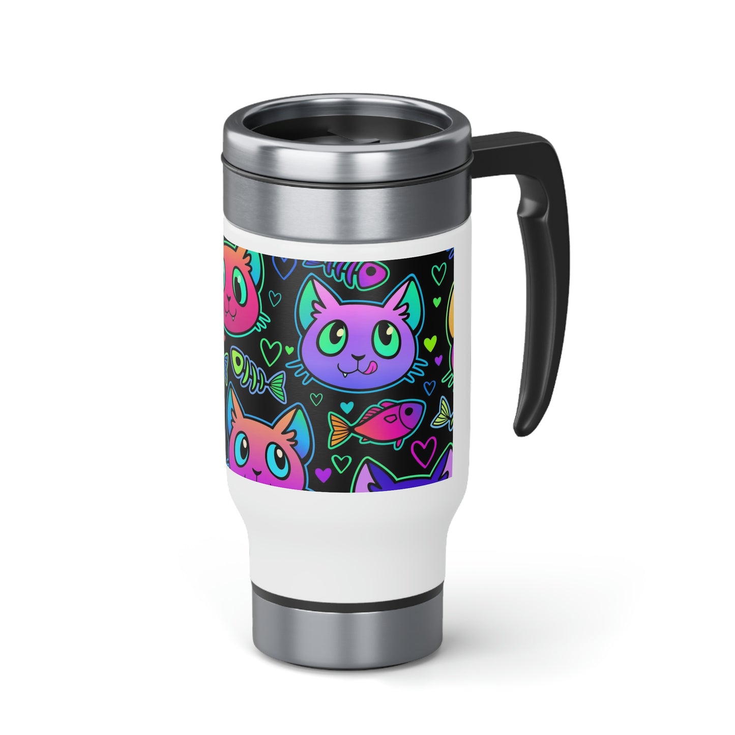 A stainless steel travel mug with a colorful design of neon cats, fish and hearts, featuring a screw-on cap.