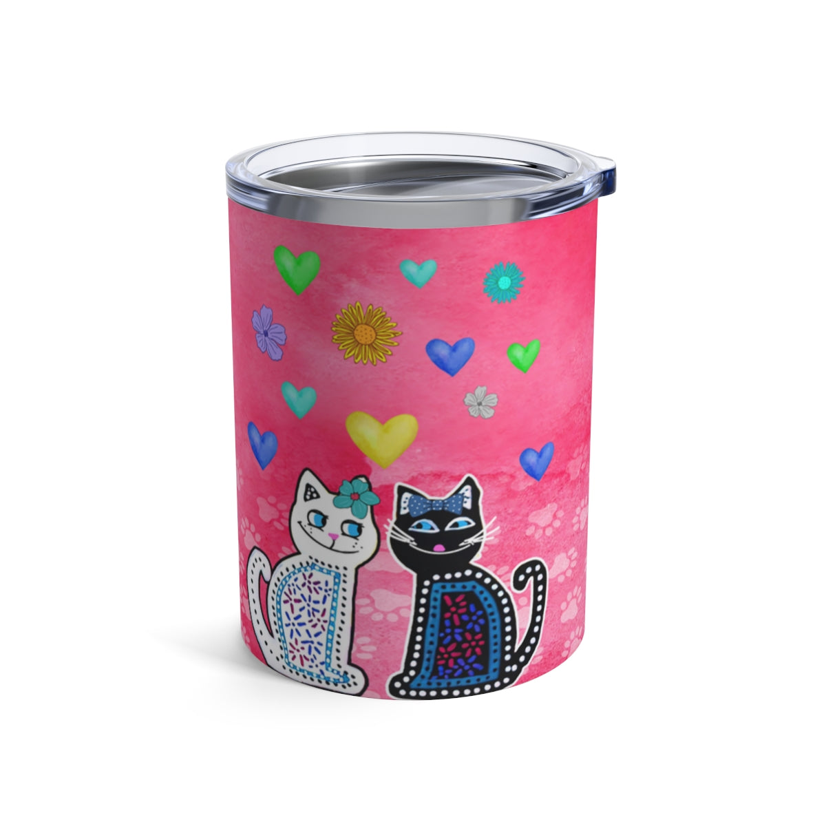 Hearts Tumbler 10oz Black & White Cats Flowers & Hearts