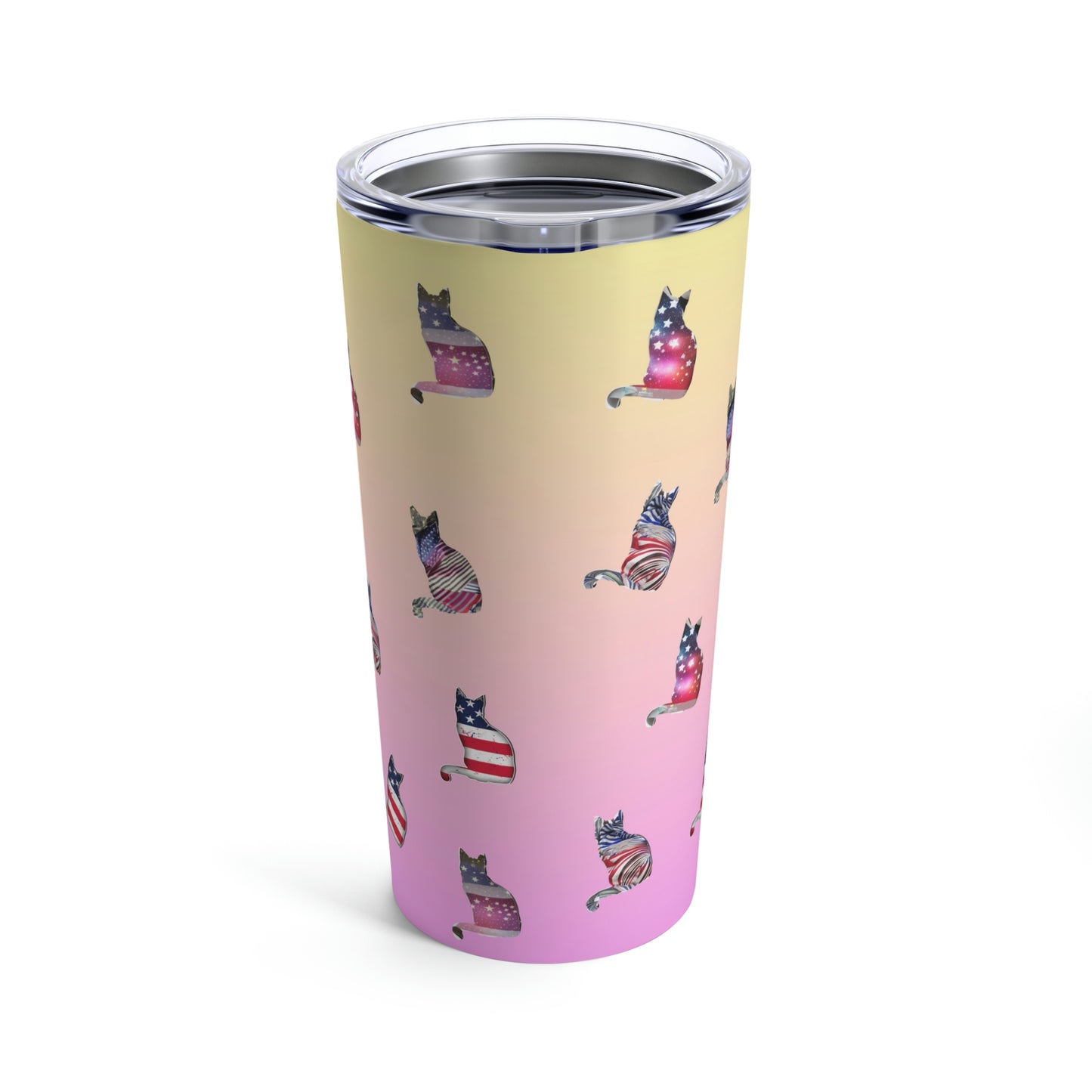 LOVE USA Pink Tumbler 20oz Cats and Stars and Stripes USA Flag themed travel tumbler.