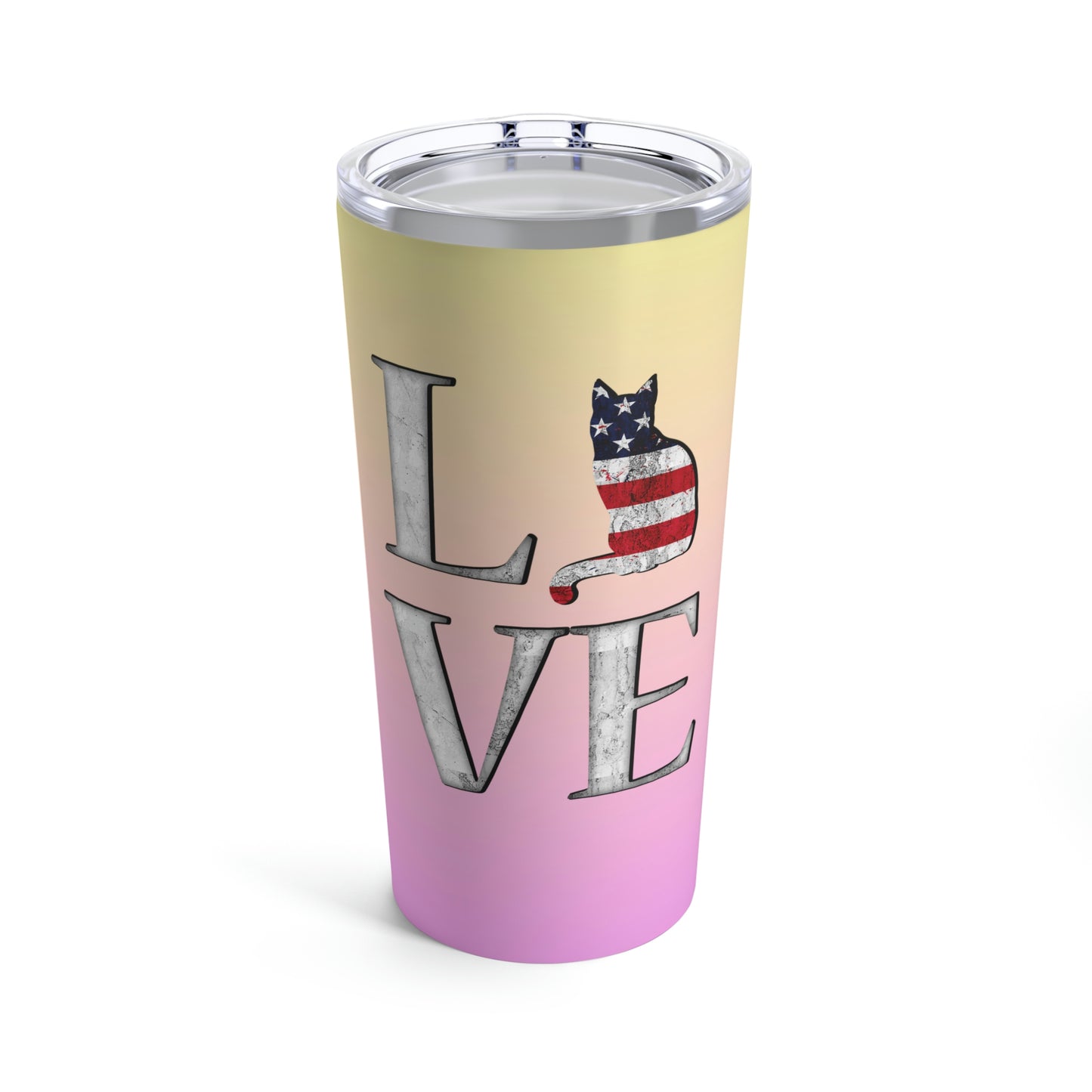 LOVE USA Pink Tumbler 20oz Cats and Stars and Stripes USA Flag themed travel tumbler.