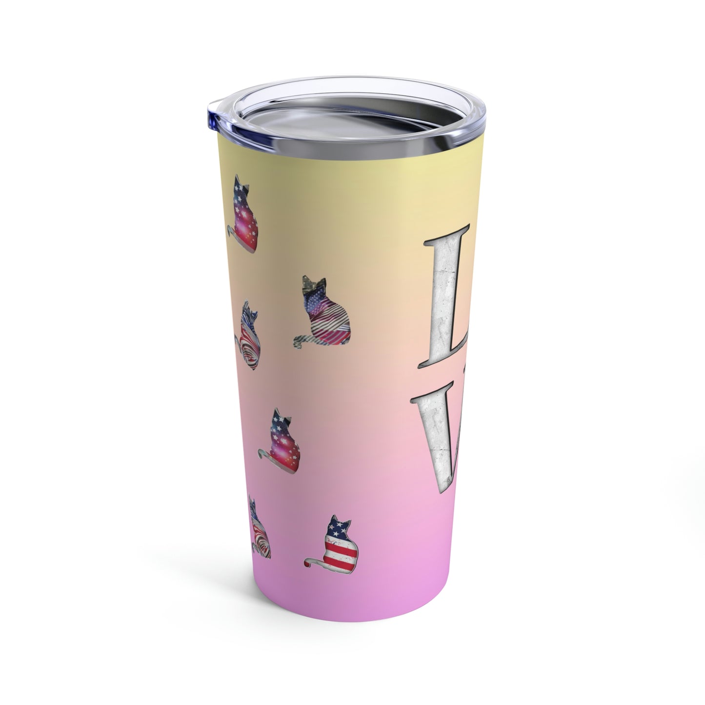 LOVE USA Pink Tumbler 20oz Cats and Stars and Stripes USA Flag themed travel tumbler.