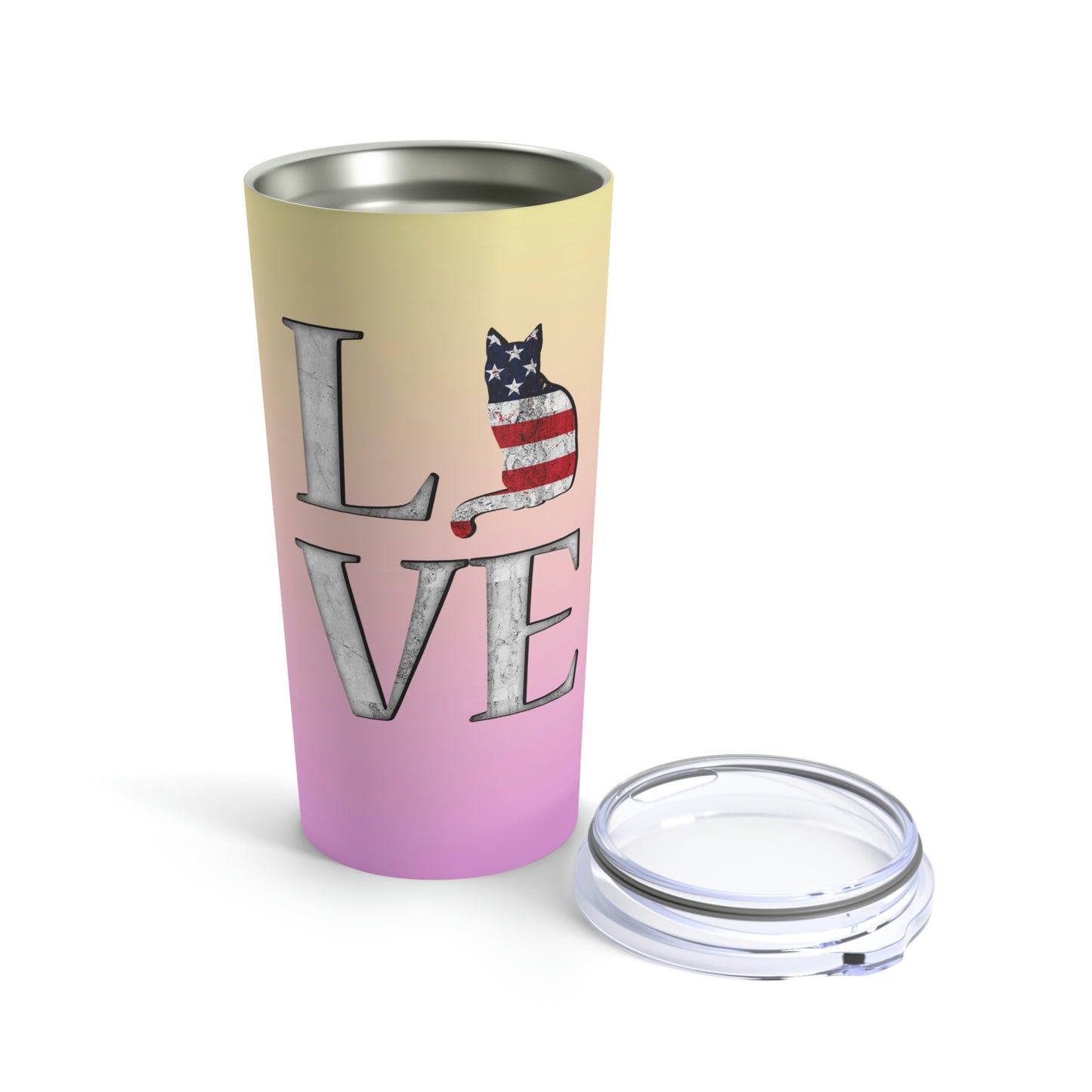 LOVE USA Pink Tumbler 20oz Cats and Stars and Stripes USA Flag themed travel tumbler.
