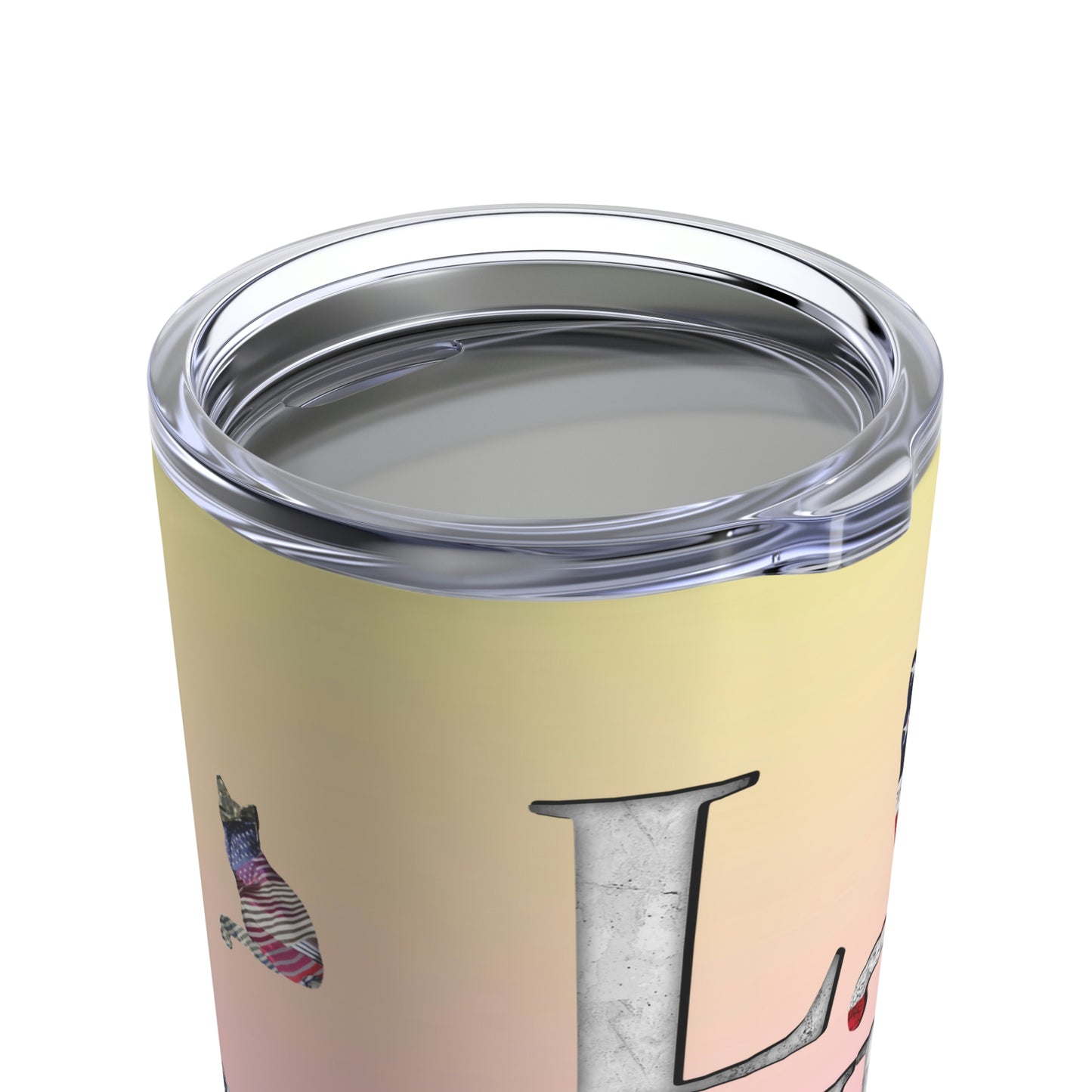 LOVE USA Pink Tumbler 20oz Cats and Stars and Stripes USA Flag themed travel tumbler.