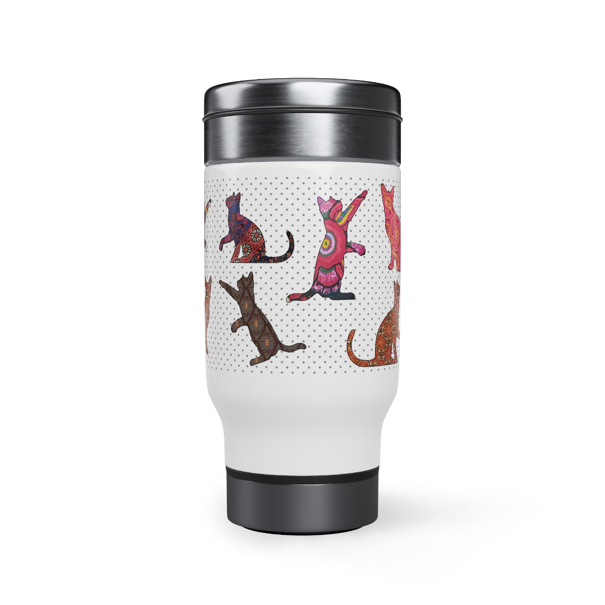 Stainless steel insulated travel mug with handle of multicolor design of cat silhouette pattern. The mug is screw-on cap type and is shown with the cap detached.