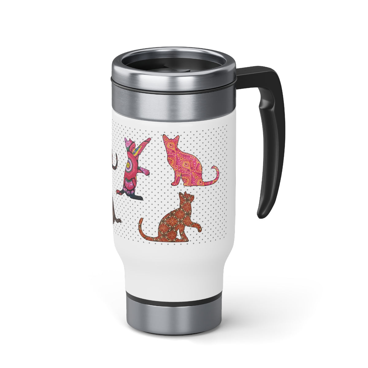Stainless steel insulated travel mug with handle of multicolor design of cat silhouette pattern. The mug is screw-on cap type and is shown with the cap detached.