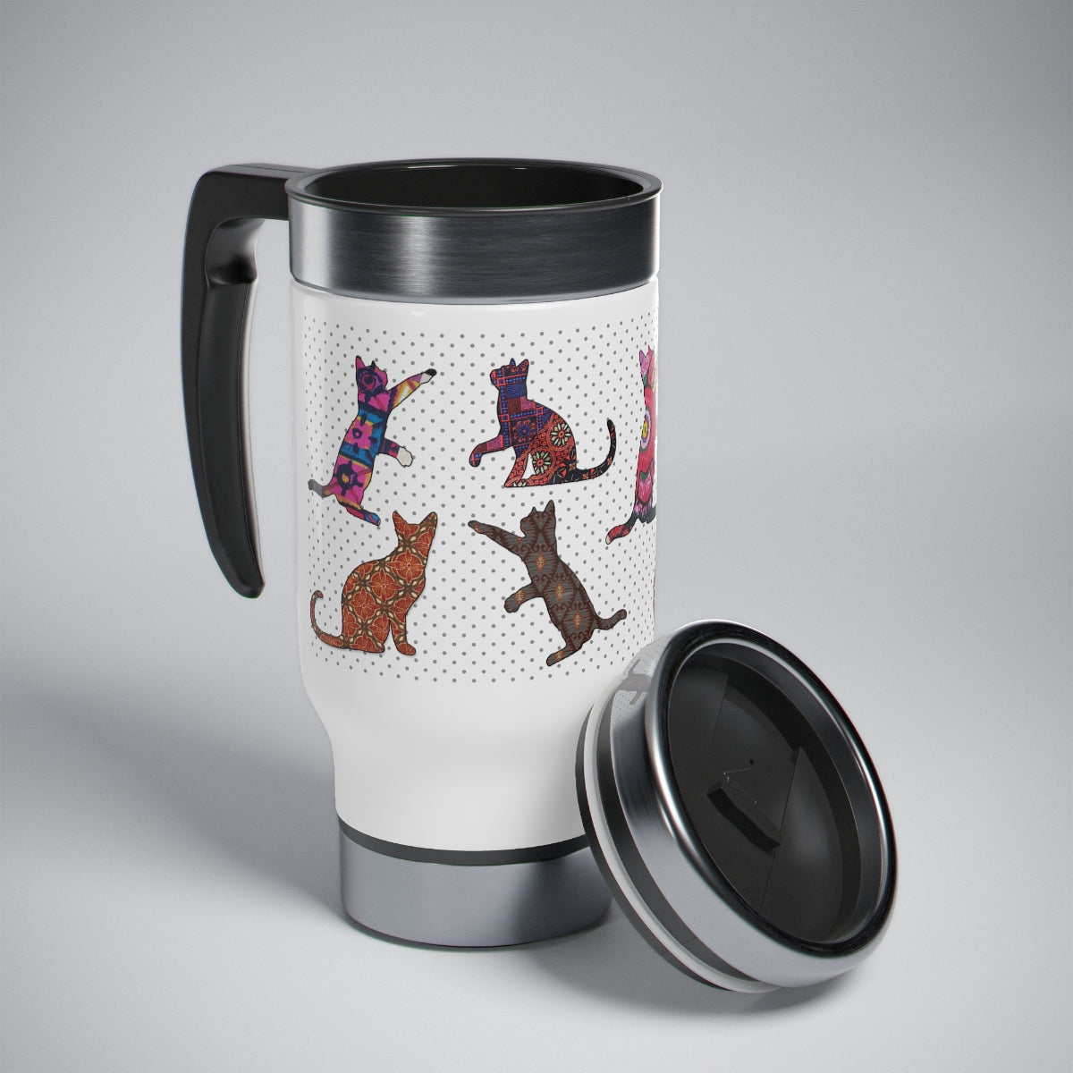 Stainless steel insulated travel mug with handle of multicolor design of cat silhouette pattern. The mug is screw-on cap type and is shown with the cap detached.