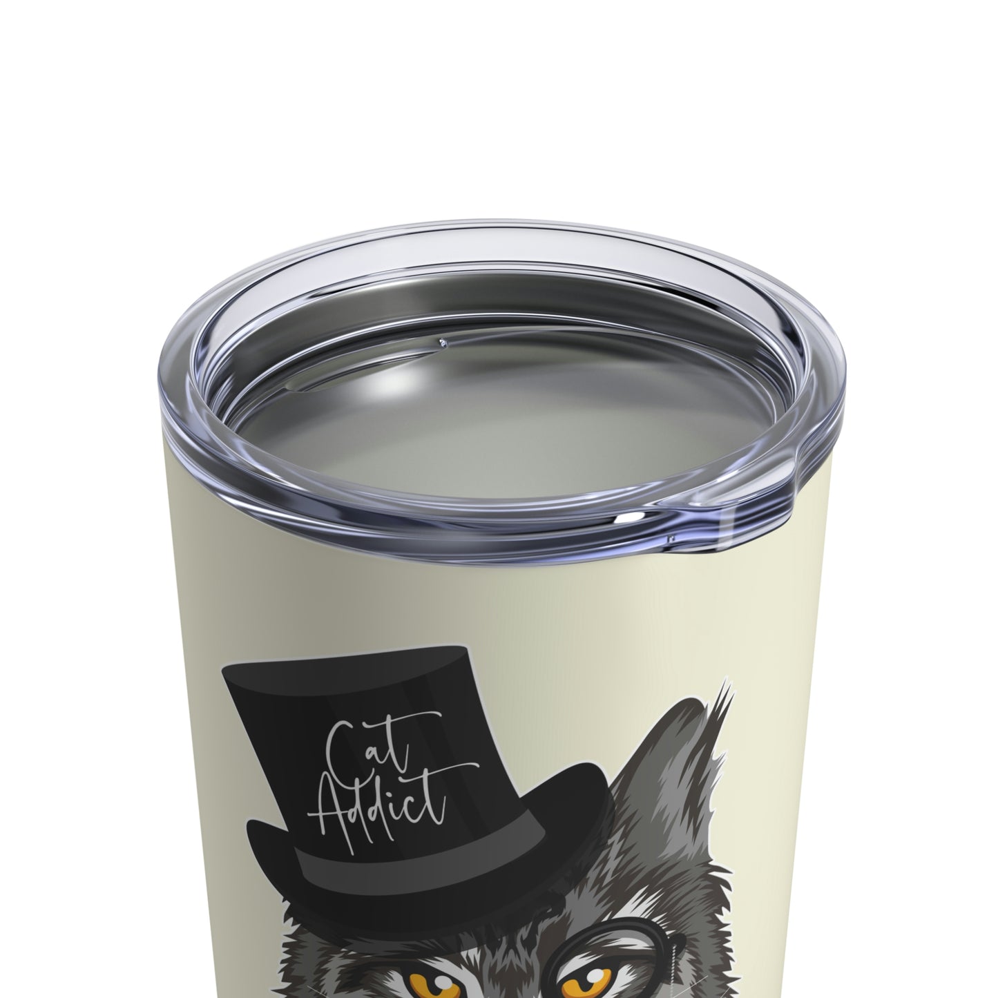 A stainless steel tumbler with a graphic of a Maine coon cat wearing a top hat and the text 'Cat Addict'.