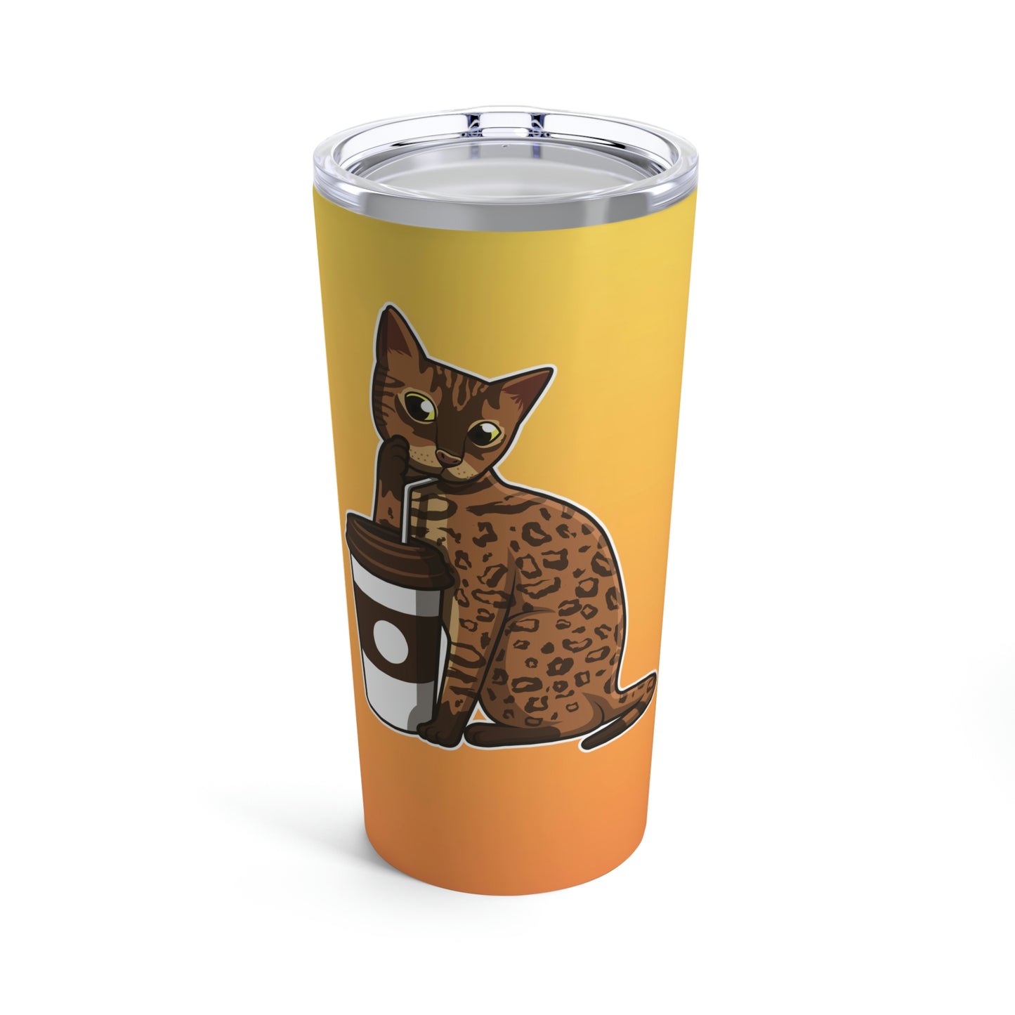 A 20oz stainless steel tumbler with a yellow background featuring a cartoon image of a Bengal cat drinking from a straw. The tumbler is vacuum-insulated and has a clear lid.
