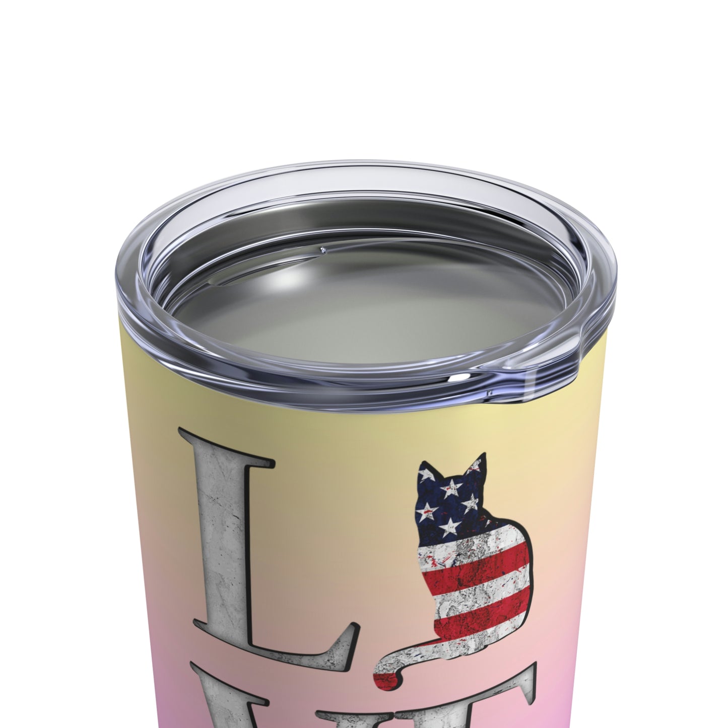 A pink and yellow stainless steel travel tumbler with 'LOVE' text and a silhouettes of cats in the stars & stripes.