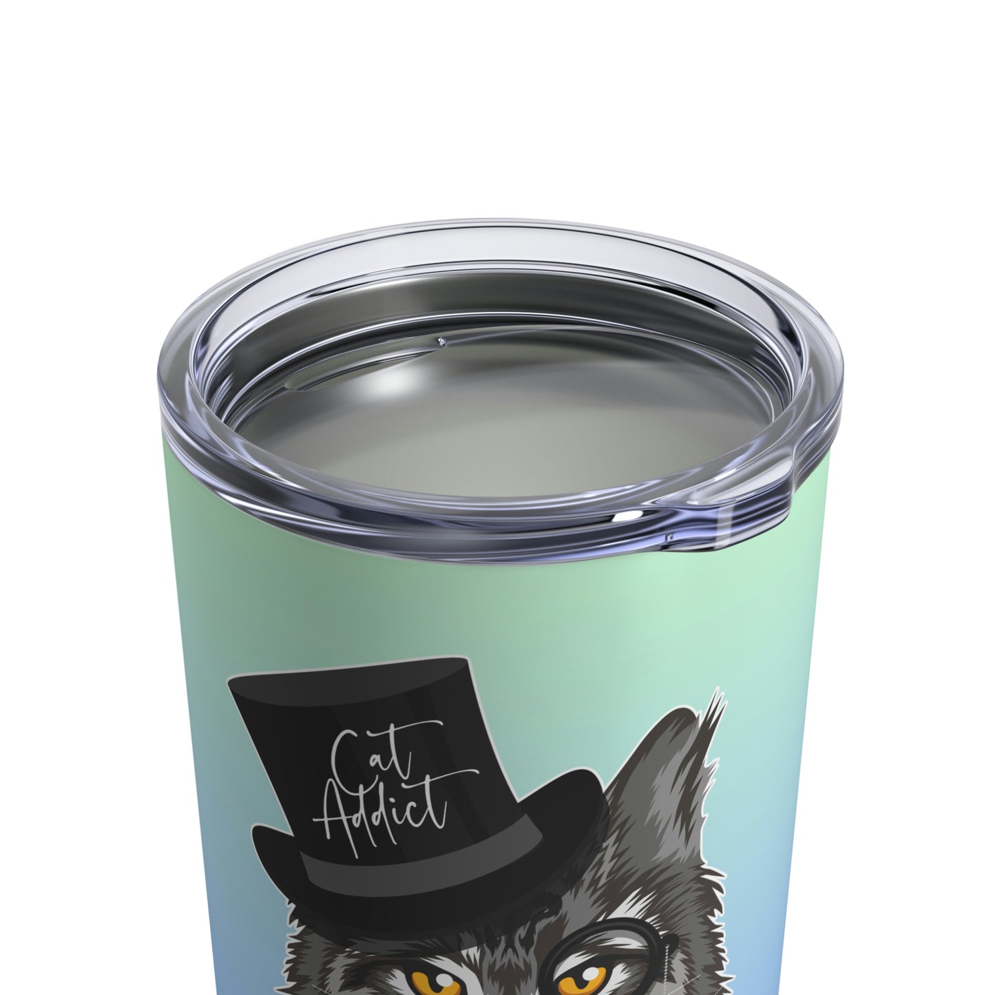 A stainless steel tumbler with a graphic of a Maine coon cat wearing a black top hat and the text 'Cat Addict'.