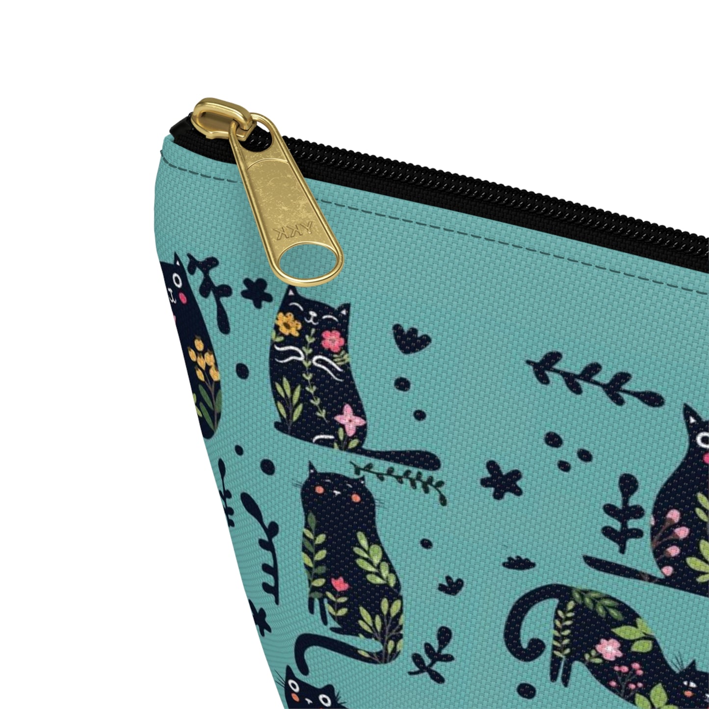 An accessory bag with an abstract design featuring cats and floral design on a blue background. Cosmetic, makeup, toiletry, travel, pencil case & everyday bag for cat lovers.