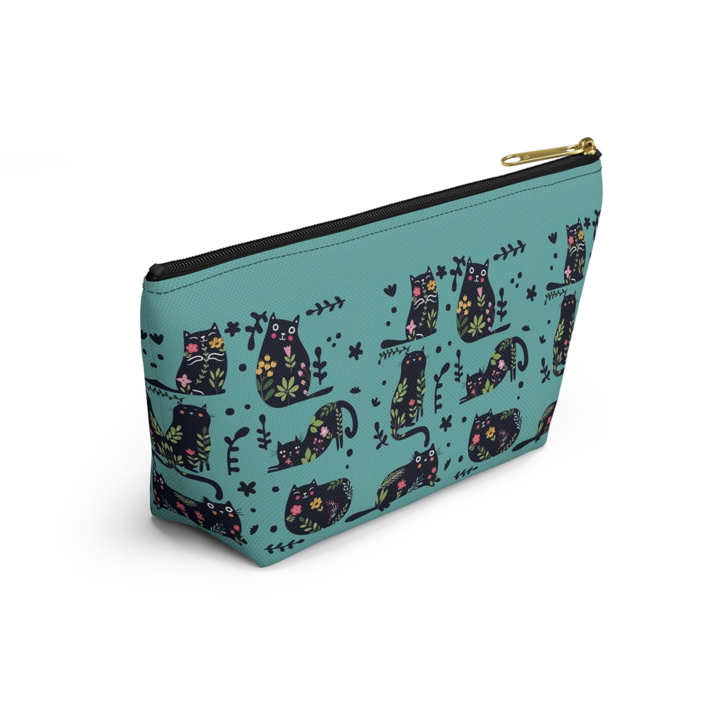 An accessory bag with an abstract design featuring cats and floral design on a blue background. Cosmetic, makeup, toiletry, travel, pencil case & everyday bag for cat lovers.