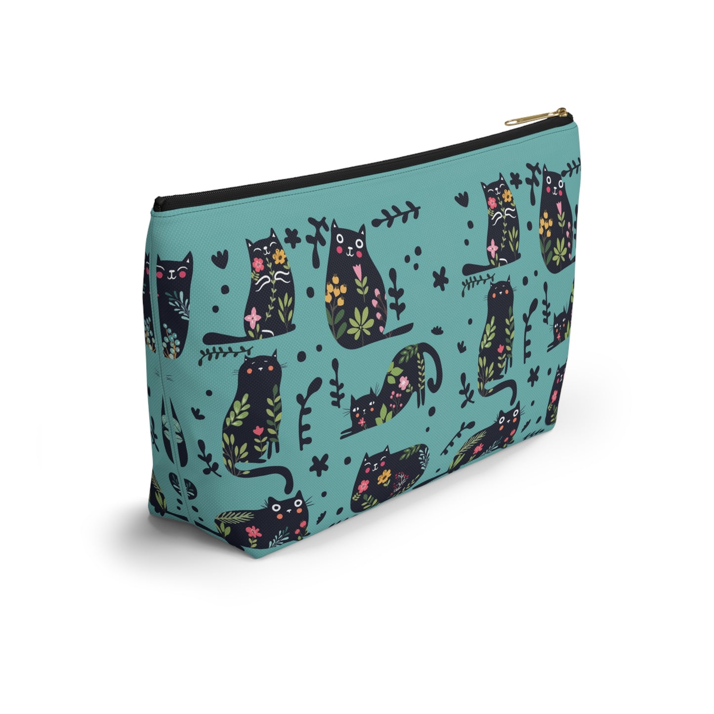 An accessory bag with an abstract design featuring cats and floral design on a blue background. Cosmetic, makeup, toiletry, travel, pencil case & everyday bag for cat lovers.