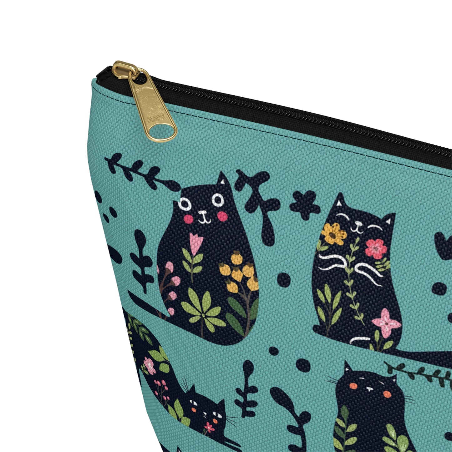 An accessory bag with an abstract design featuring cats and floral design on a blue background. Cosmetic, makeup, toiletry, travel, pencil case & everyday bag for cat lovers.