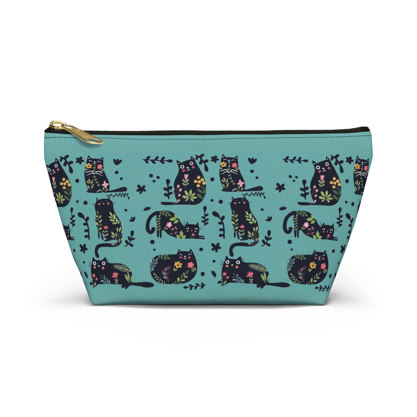 An accessory bag with an abstract design featuring cats and floral design on a blue background. Cosmetic, makeup, toiletry, travel, pencil case & everyday bag for cat lovers.