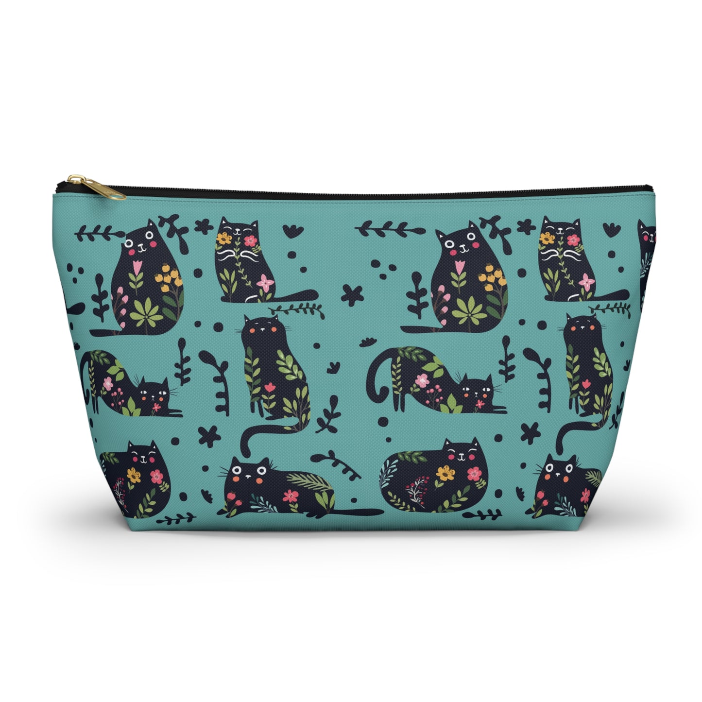 An accessory bag with an abstract design featuring cats and floral design on a blue background. Cosmetic, makeup, toiletry, travel, pencil case & everyday bag for cat lovers.