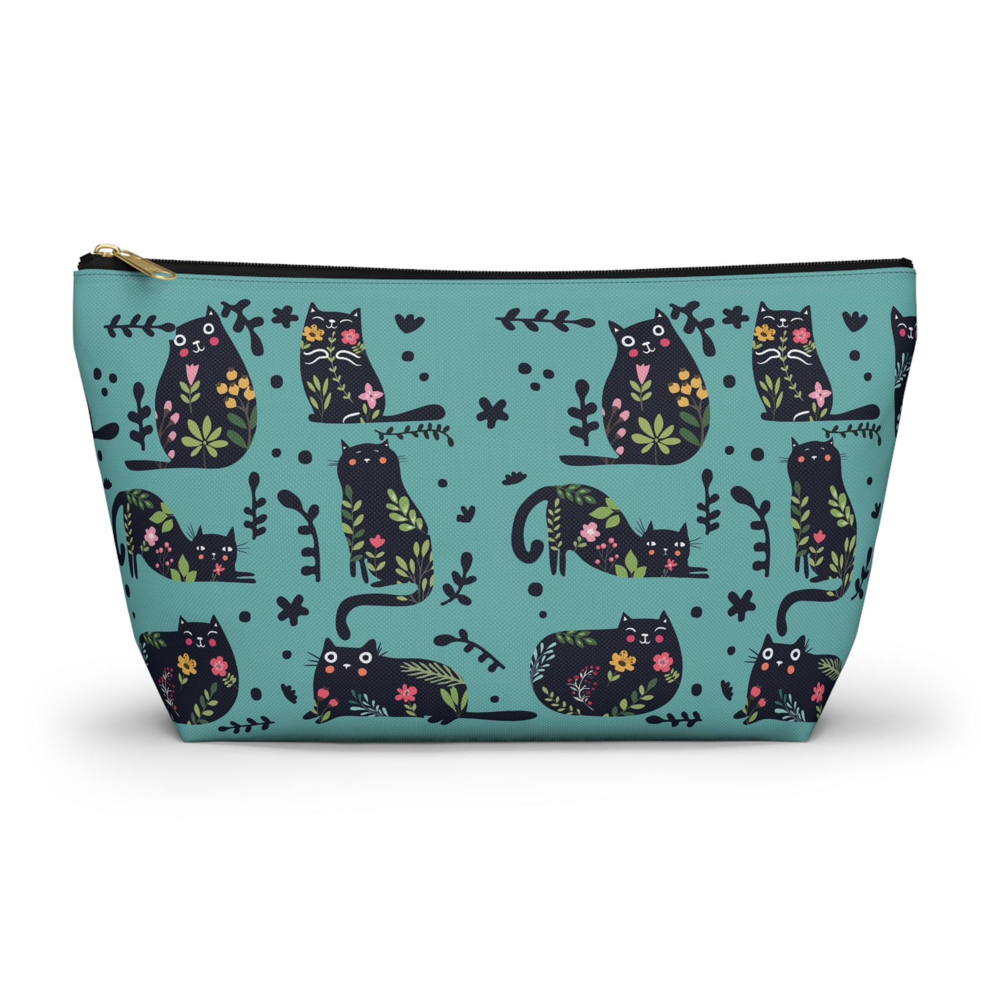 An accessory bag with an abstract design featuring cats and floral design on a blue background. Cosmetic, makeup, toiletry, travel, pencil case & everyday bag for cat lovers.