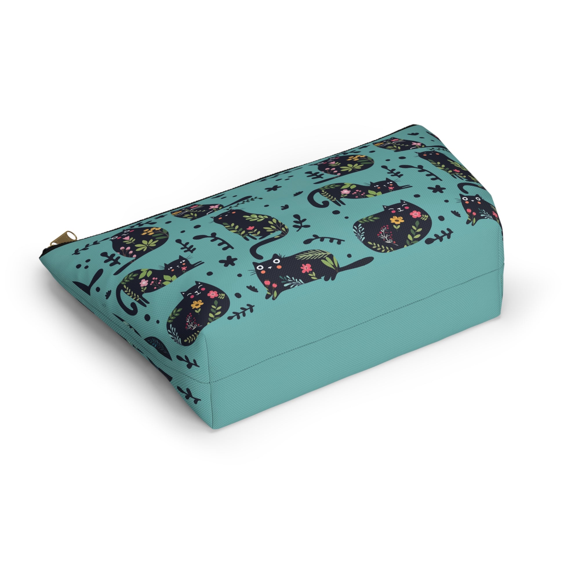 An accessory bag with an abstract design featuring cats and floral design on a blue background. Cosmetic, makeup, toiletry, travel, pencil case & everyday bag for cat lovers.