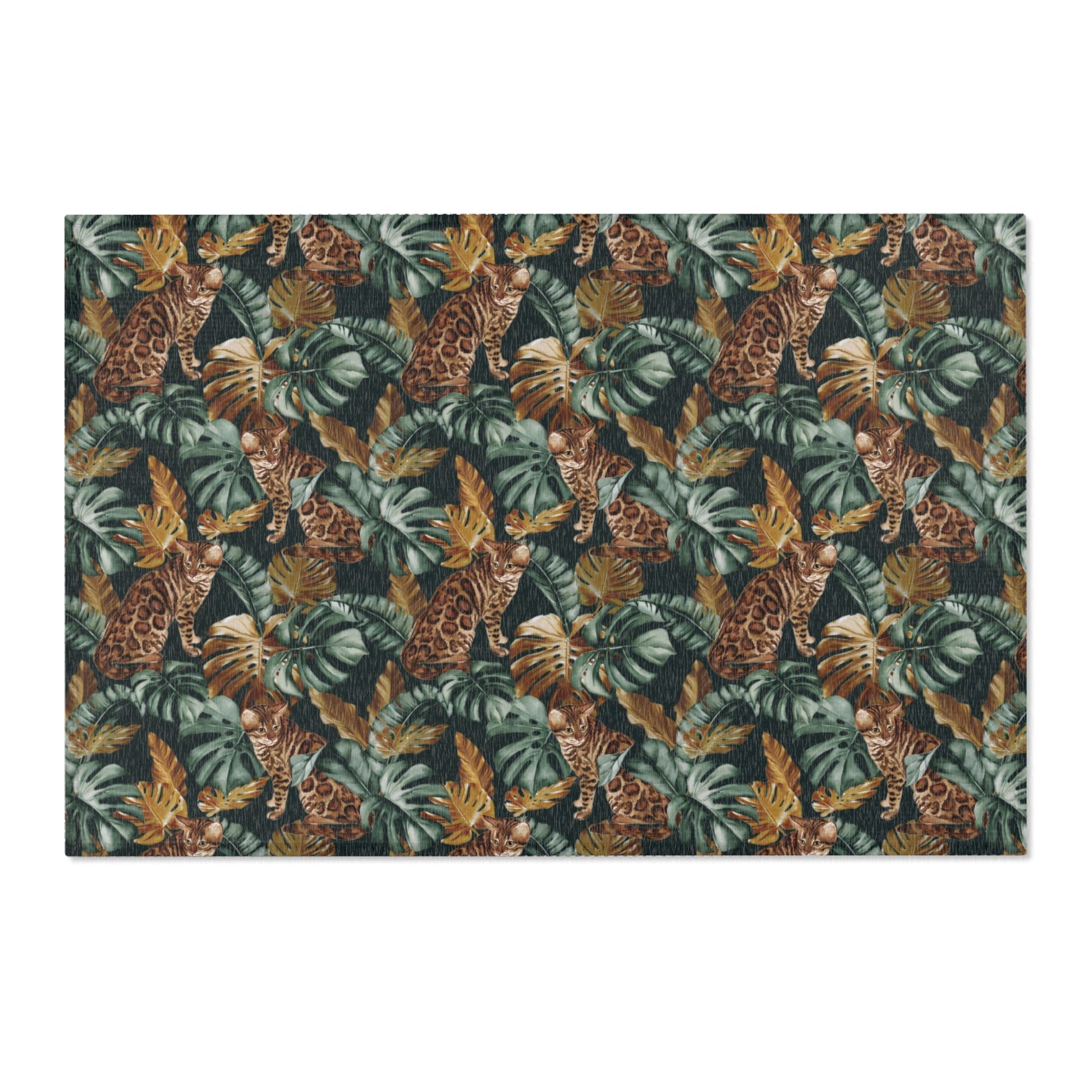 Area rug with Bengal cat and Tropical leaf patterned rug 