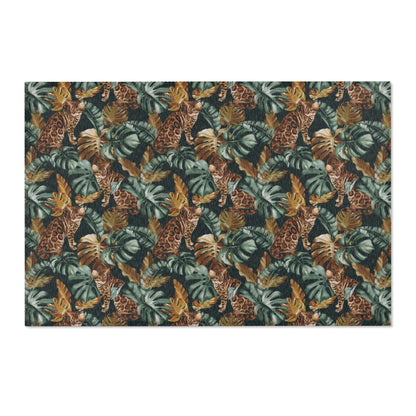 Area rug with Bengal cat and Tropical leaf patterned rug 