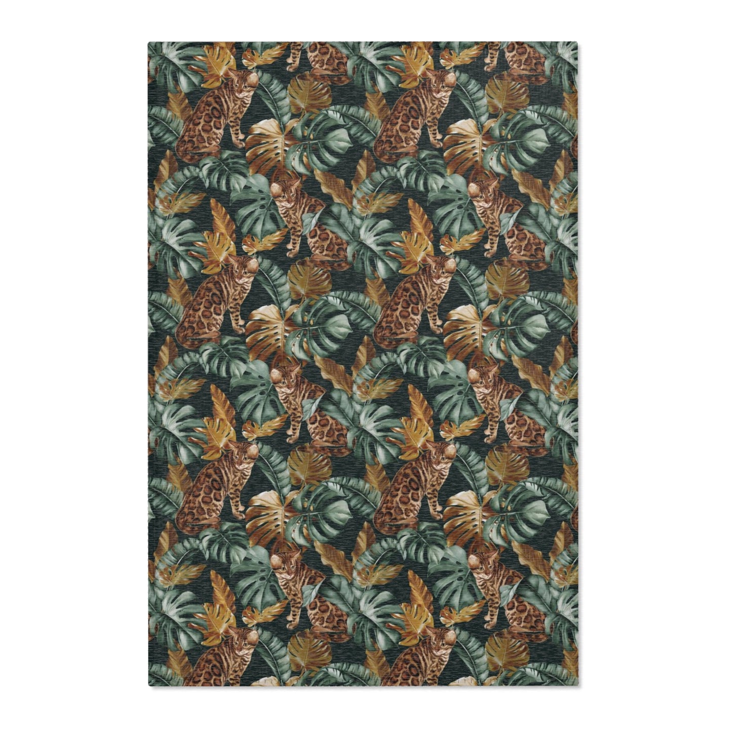 Area rug with Bengal cat and Tropical leaf patterned rug 