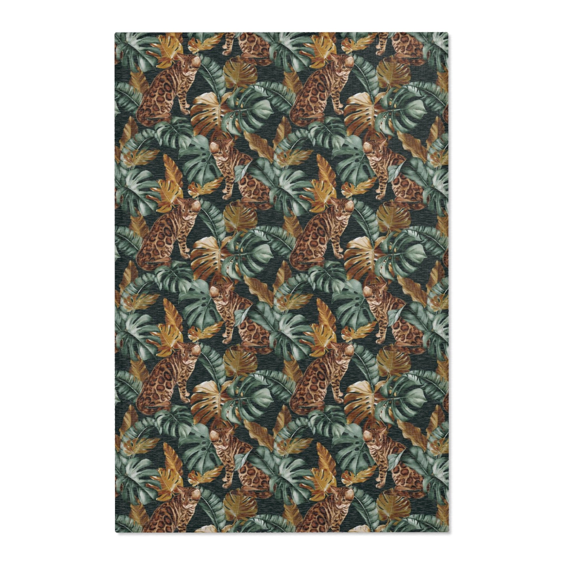 Area rug with Bengal cat and Tropical leaf patterned rug 