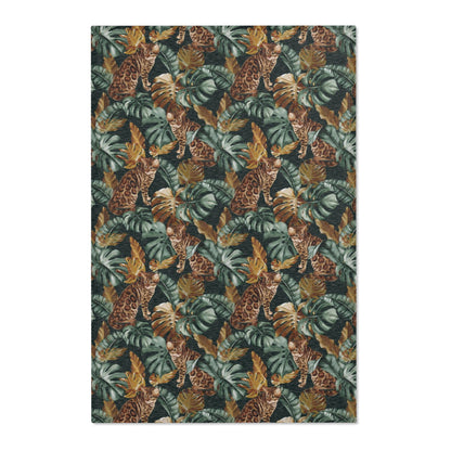 Area rug with Bengal cat and Tropical leaf patterned rug 