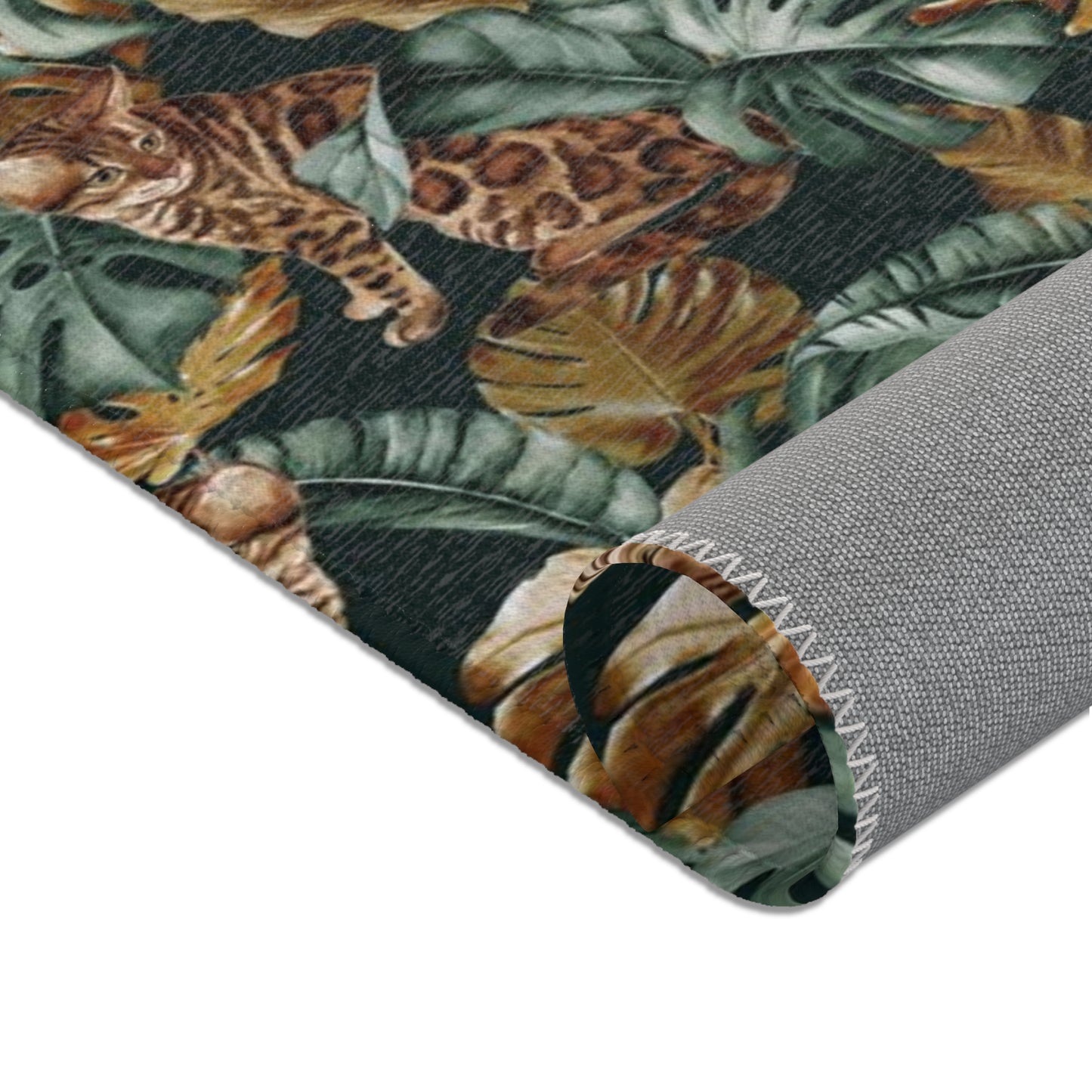 Area rug with Bengal cat and Tropical leaf patterned rug 