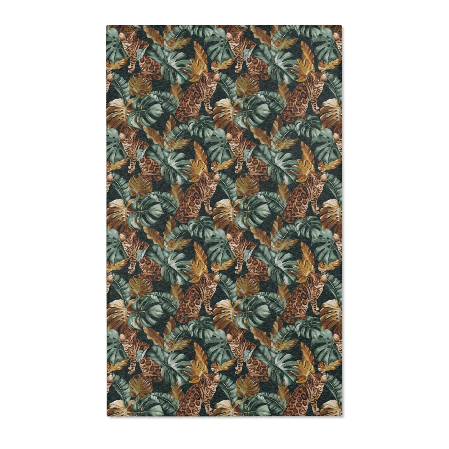 Area rug with Bengal cat and Tropical leaf patterned rug 