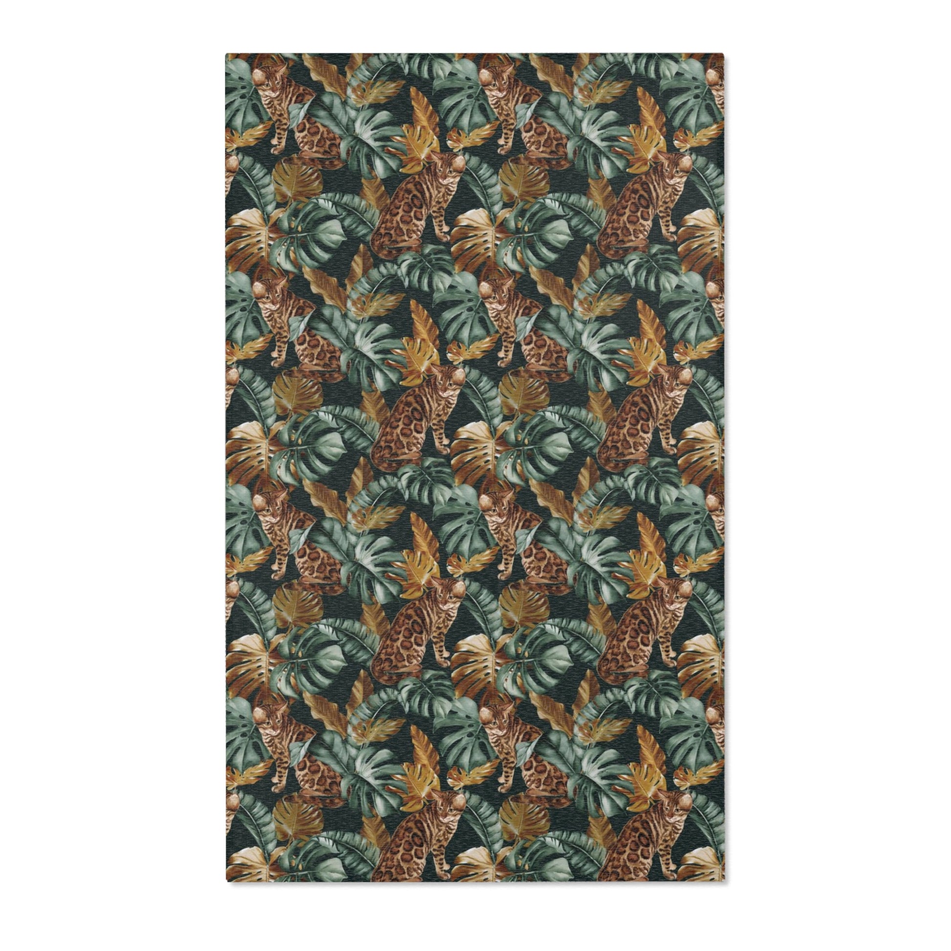 Area rug with Bengal cat and Tropical leaf patterned rug 