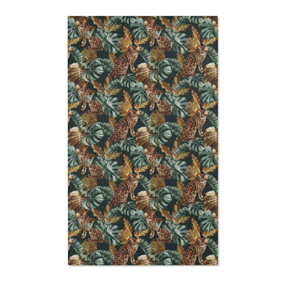 Area rug with Bengal cat and Tropical leaf patterned rug 